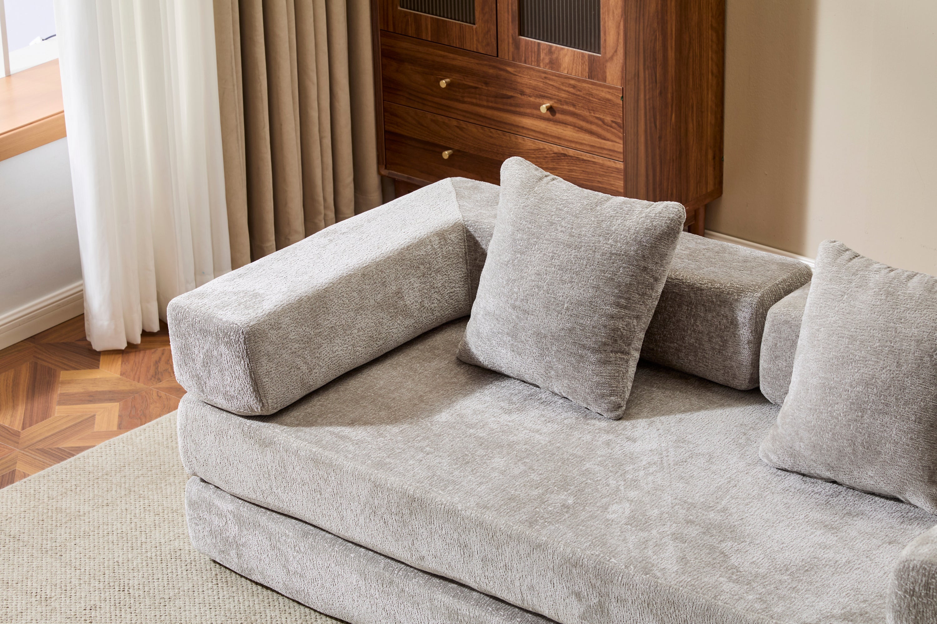Floor Couch,Compression Sofa,Convertible Floor Sofa Bed-with Pillow Back Support Armrest,Comfy Futon Couch Lounge Sleeper Bed,Chenille fabric,for Living Room Bedroom (LIGHT-GREY)