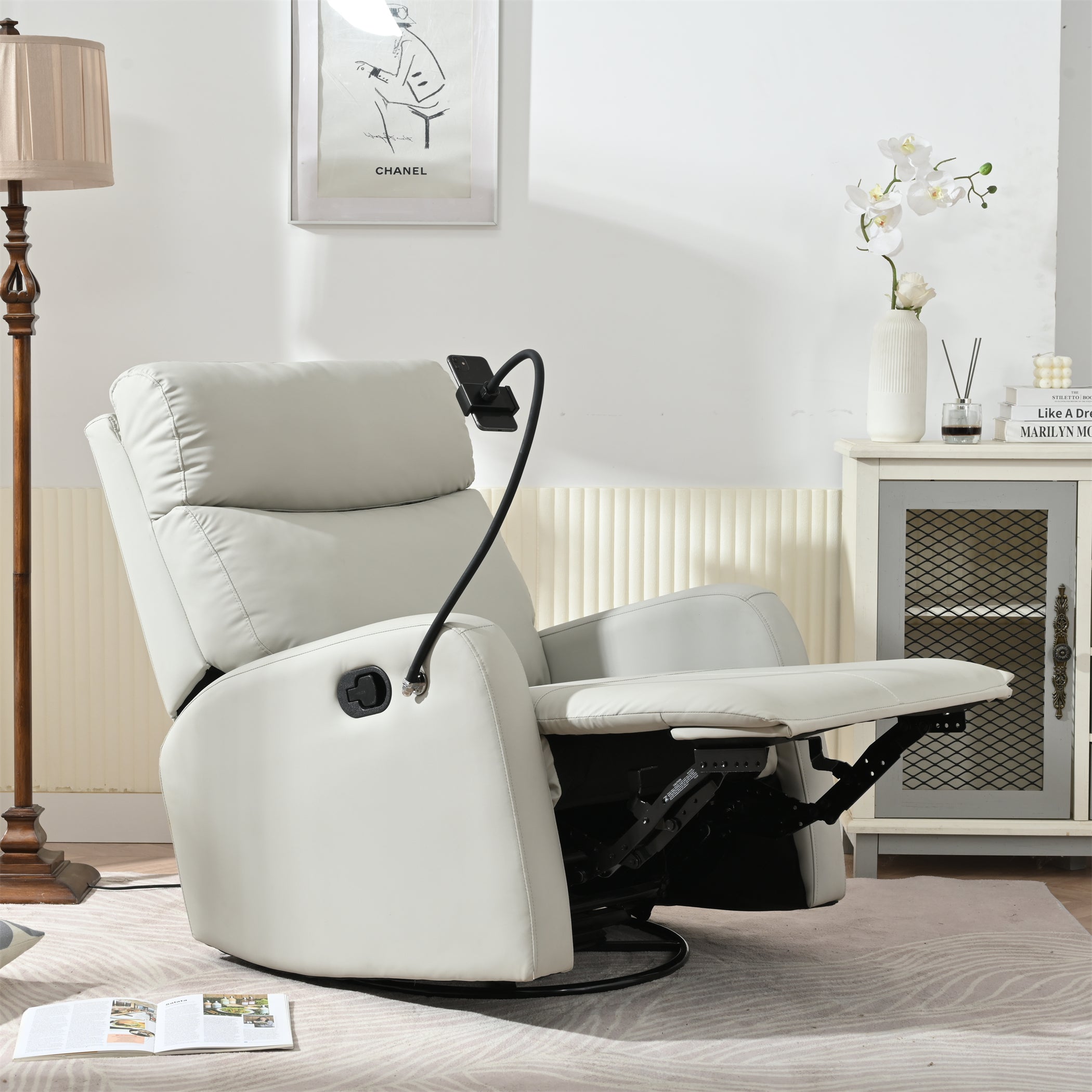 Rocking Recliner Chair, 360° Swivel Nursery Rocking Chair, Glider Chair, Modern Small Rocking Swivel Recliner Chair, Home Theater Seat, Phone Holder (Light Gray+360° Swivel)