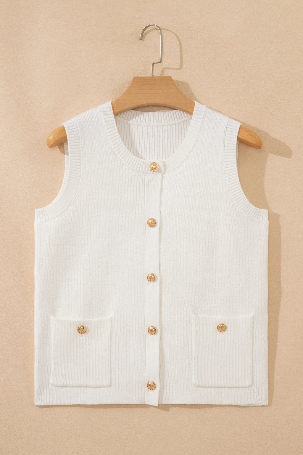 Solid Knit Sleeveless Button Front Pocketed Sweater