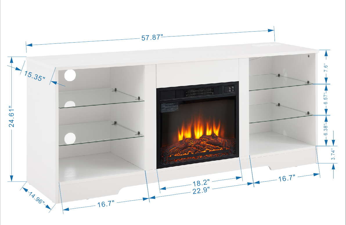 TV Stand Electric Fireplace  Glass Shelves, 3D Fireplace TV Stand with LED Lights Wood with USB Charging Outlet Modern Television Table Center for TV up to 62' White, 58''W*15.5''D*24.4