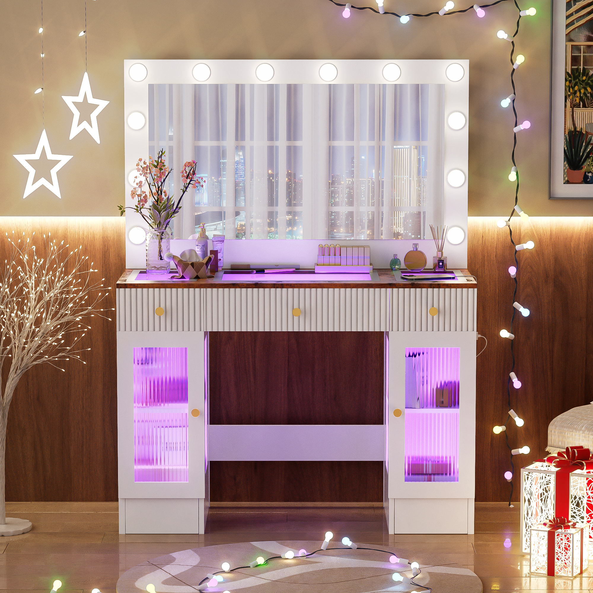 43.3' Vanity Desk with Large Mirror and Hollywood Bulbs, Modern Glass Top Makeup Vanity with Drawers and Power Outlet, Large Dressing Table with 3 Color Lighting Modes & RGB Cabinets for Bedroom