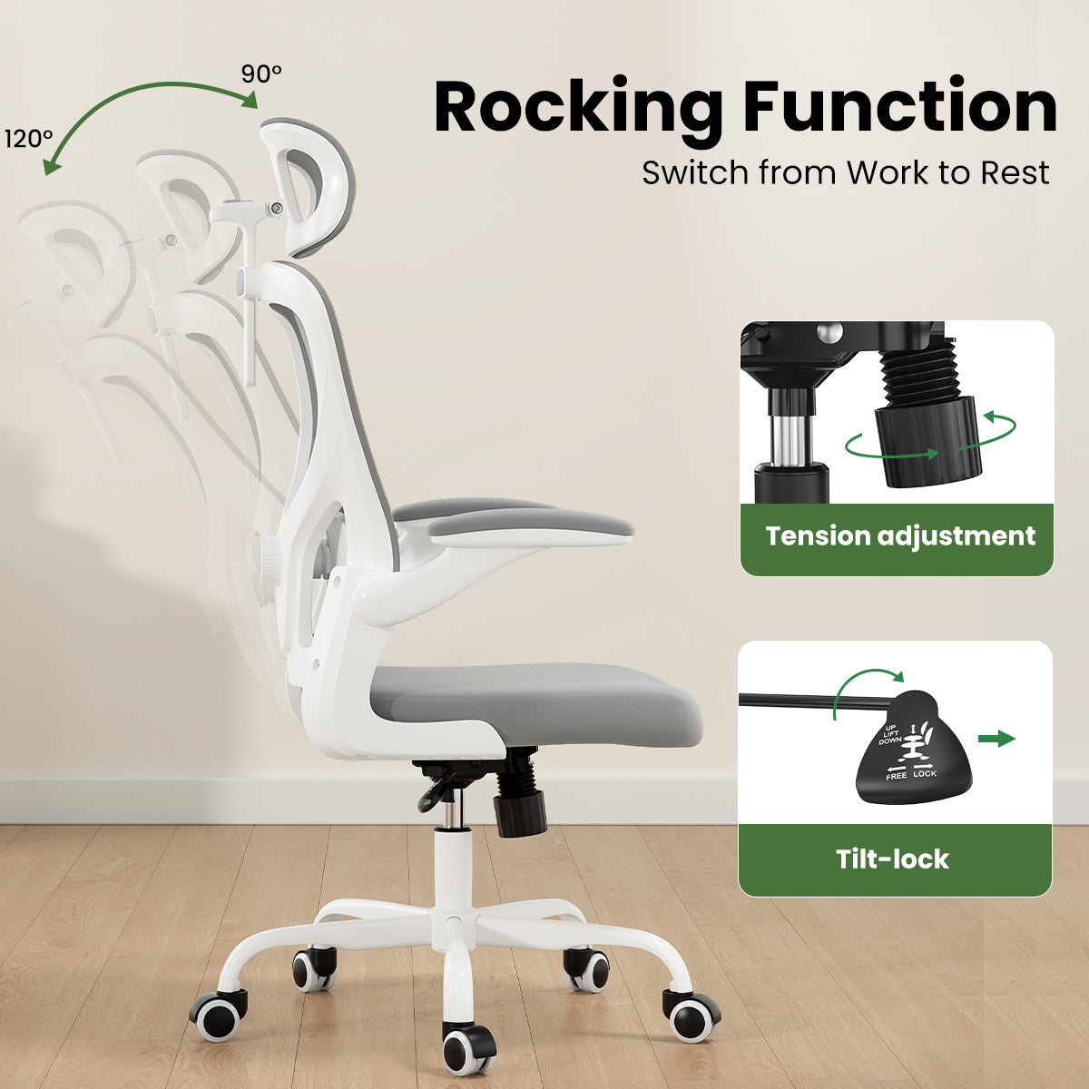 Ergonomic Office Chair, Home Office Desk Chair with Headrest, High Back Computer Chair with Armrests and Adjustable Lumbar Support for Home Office Study Room, White & Gray