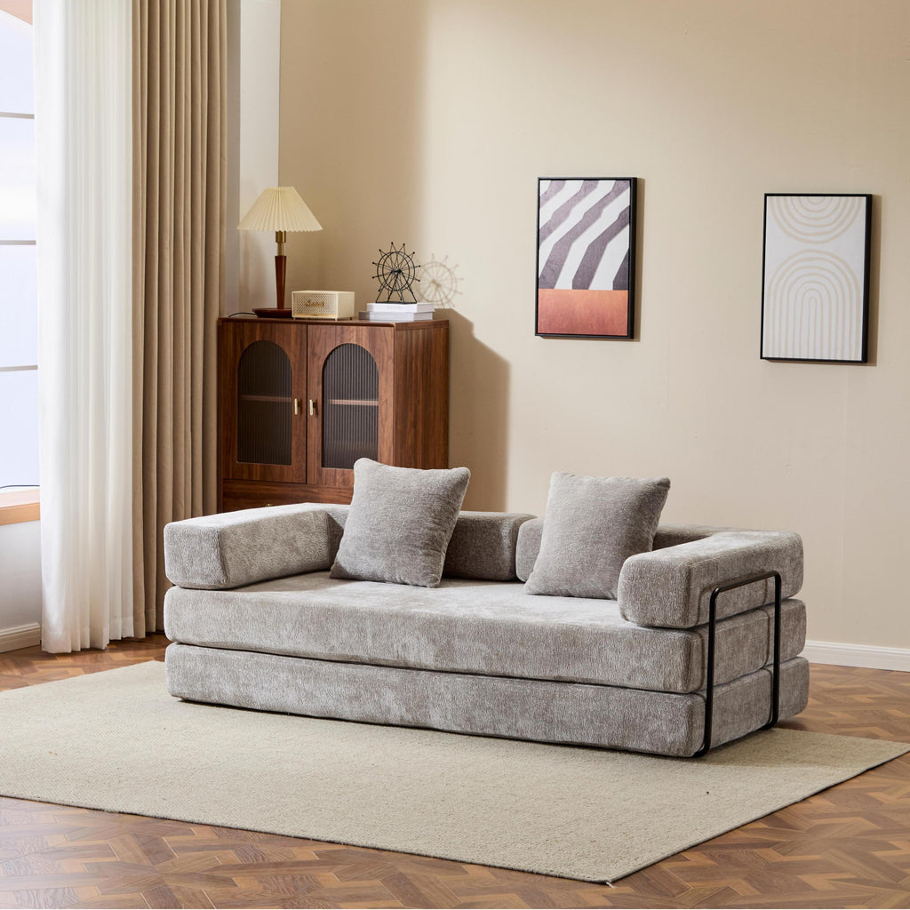 Floor Couch,Compression Sofa,Convertible Floor Sofa Bed-with Pillow Back Support Armrest,Comfy Futon Couch Lounge Sleeper Bed,Chenille fabric,for Living Room Bedroom (LIGHT-GREY)