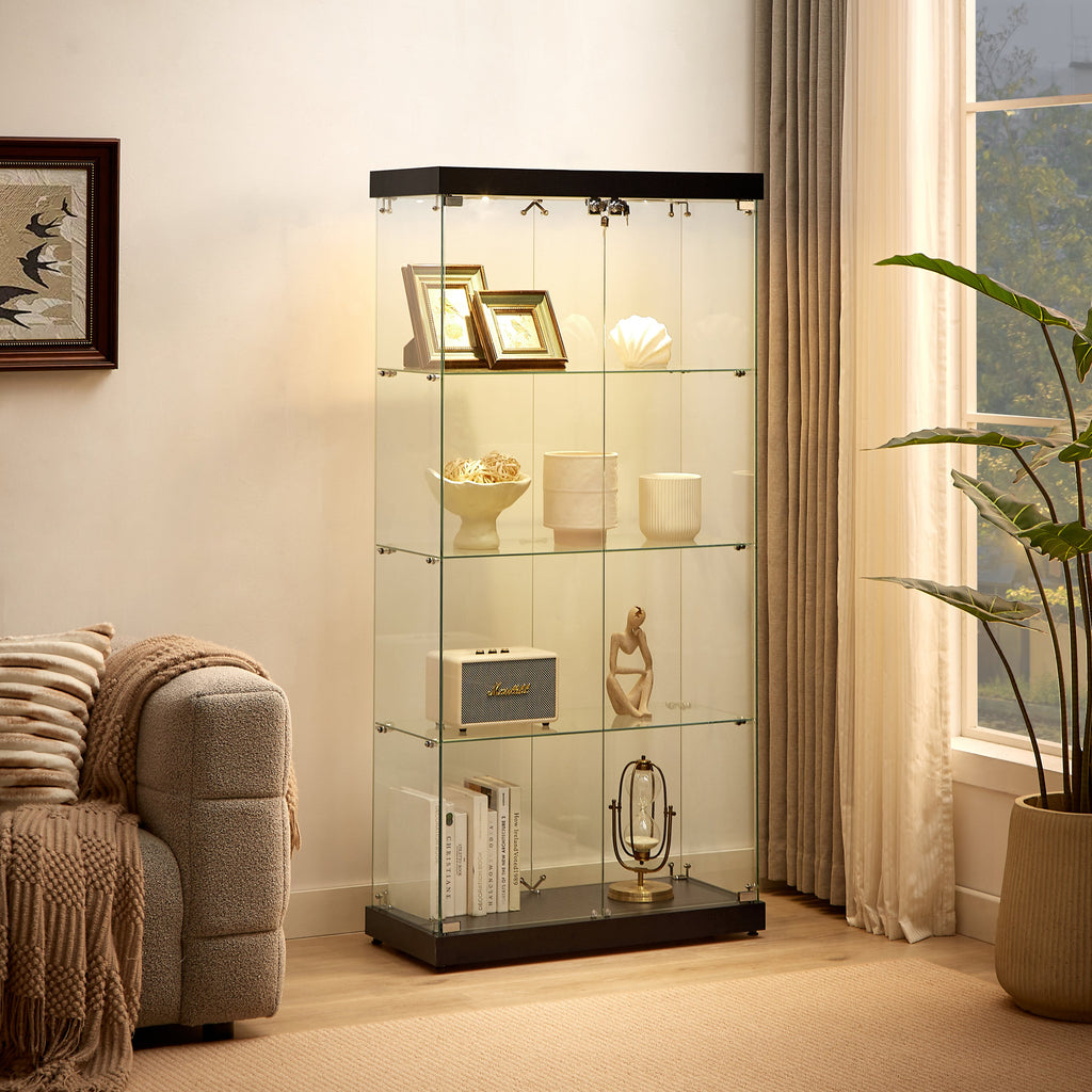 4-Tier Glass Display Cabinet, Double Door Glass Cabinet, Four Partitions, Two Locks, Floor Standing Storage Cabinet for Living Room, Bedroom, Showroom and Office, Black, 31.5'L x 14.2'W x 66.3'H