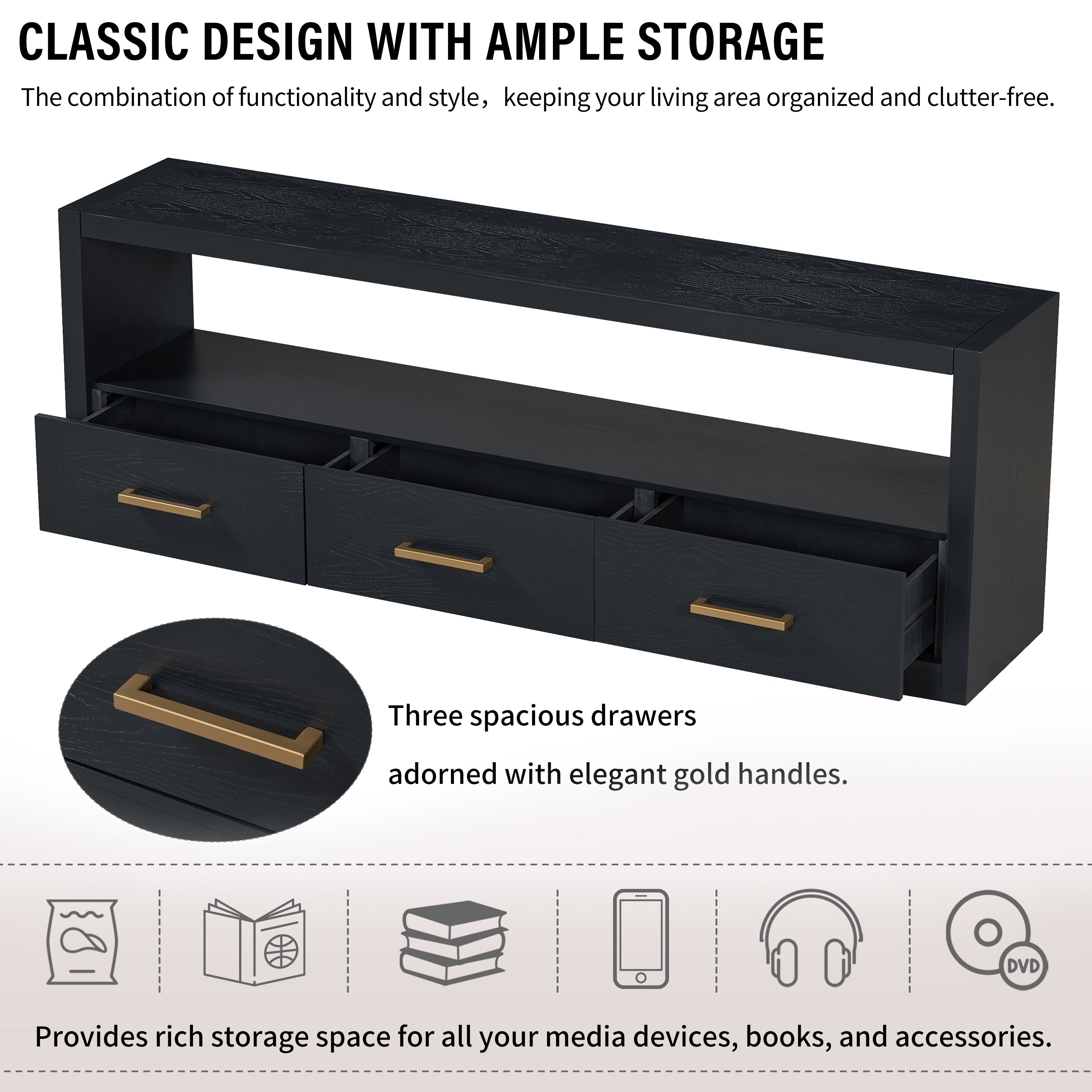 Mirod Stylish TV Stand with Ample Storage,Classic Design with Three Drawers and Spacious Surface,Minimalist Metal Handles,Versatile as TV Console or Side Cabinet
