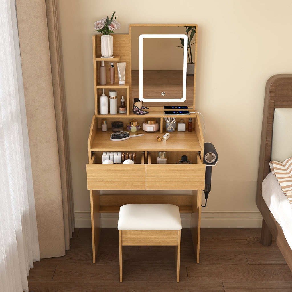 Modern Wood Vanity Table with LED Mirror, Power Outlet, Hairdryer Holder & Padded Stool – Compact Dressing Desk for Small Bedrooms