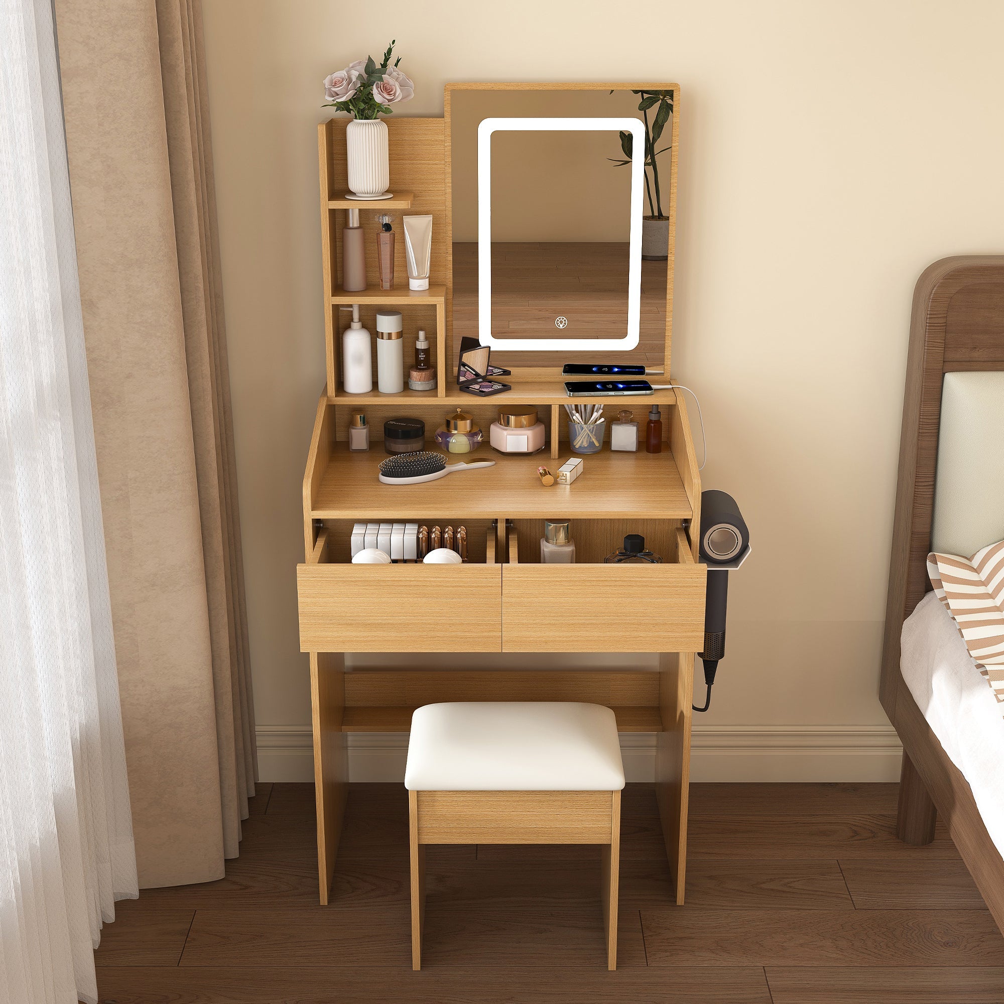Modern Wood Vanity Table with LED Mirror, Power Outlet, Hairdryer Holder & Padded Stool – Compact Dressing Desk for Small Bedrooms