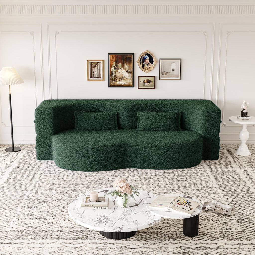 Modern Floor Sofa with 2 Pillows,Convertible Teddy Fabric Foam Filled Sleeper Sofa Bed,15 ' Full Size Folding Mattress for Living Room,Guest Bed,Playroom,no assembly required,Green