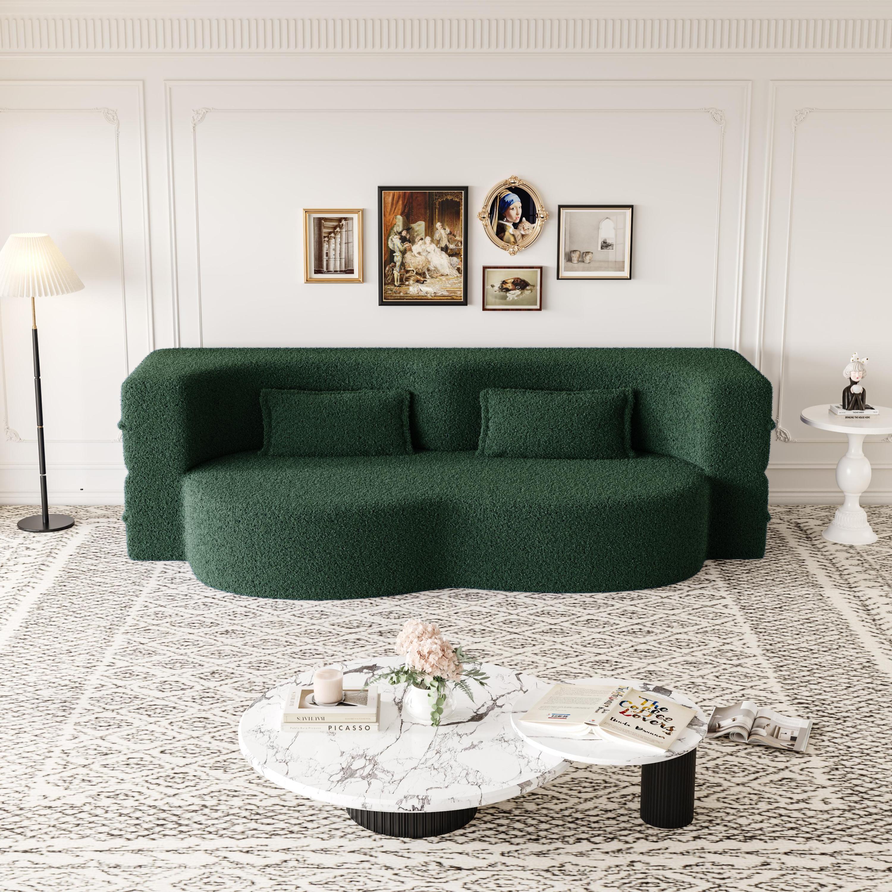 Modern Floor Sofa with 2 Pillows,Convertible Teddy Fabric Foam Filled Sleeper Sofa Bed,15 ' Full Size Folding Mattress for Living Room,Guest Bed,Playroom,no assembly required,Green