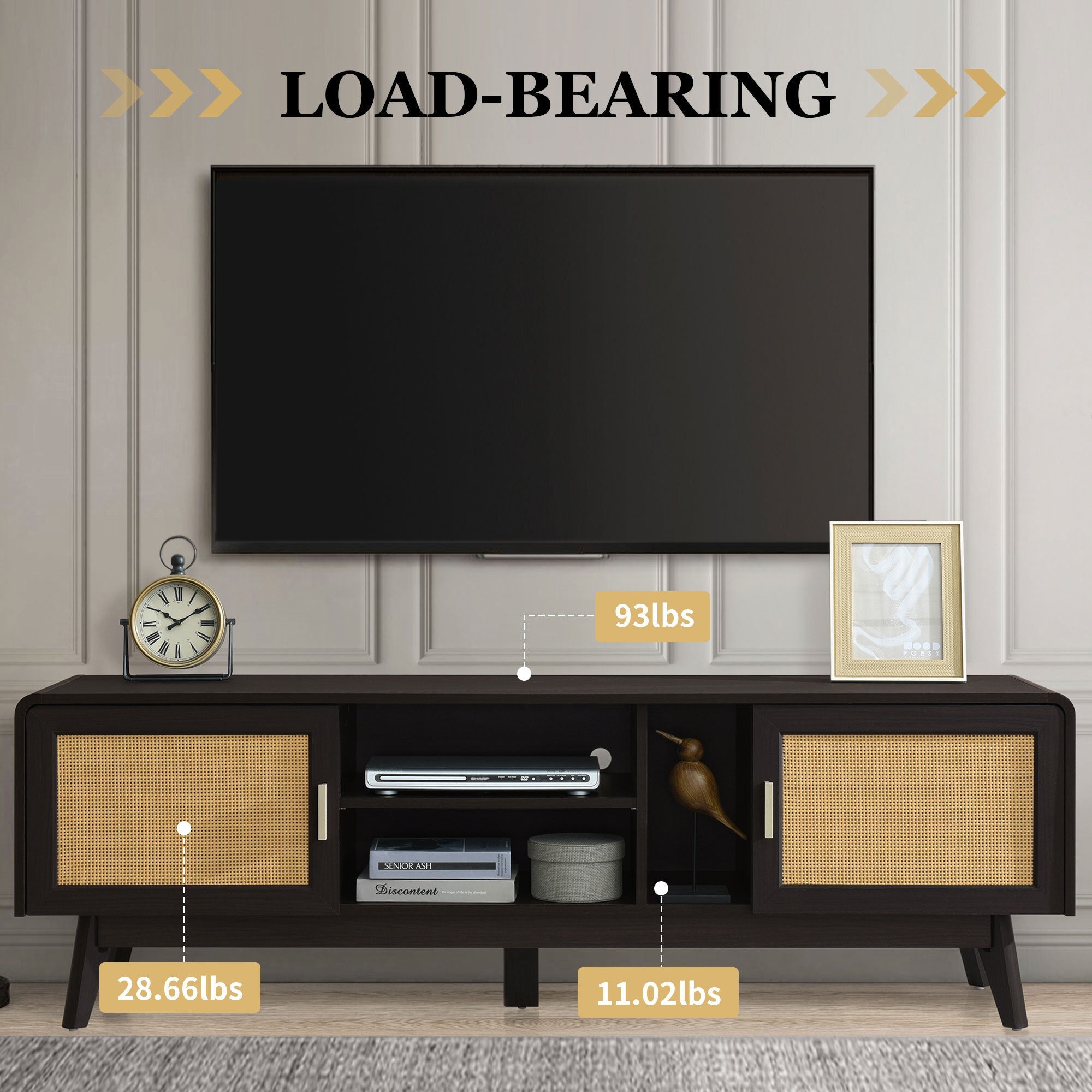 63'' Dark Rattan TV Stand with 2 Storage Cabinets for 65 Inch TV, Entertainment Center with Solid Wood Legs, Media Console Table for Living Room, Bedroom