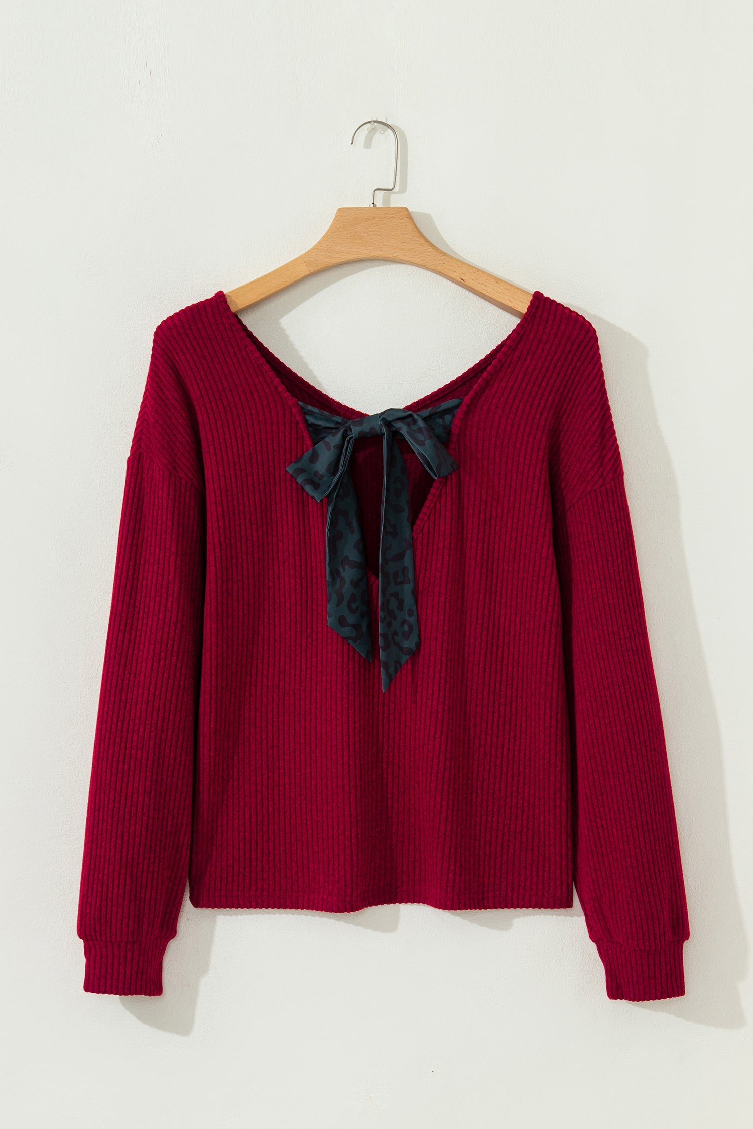 Bow Back Ribbed Knit V-Neck Drop Shoulder Top