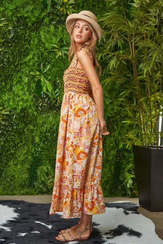 Davi & Dani Multi Smocked Bodice Geo Ruffle Strappy Midi Dress