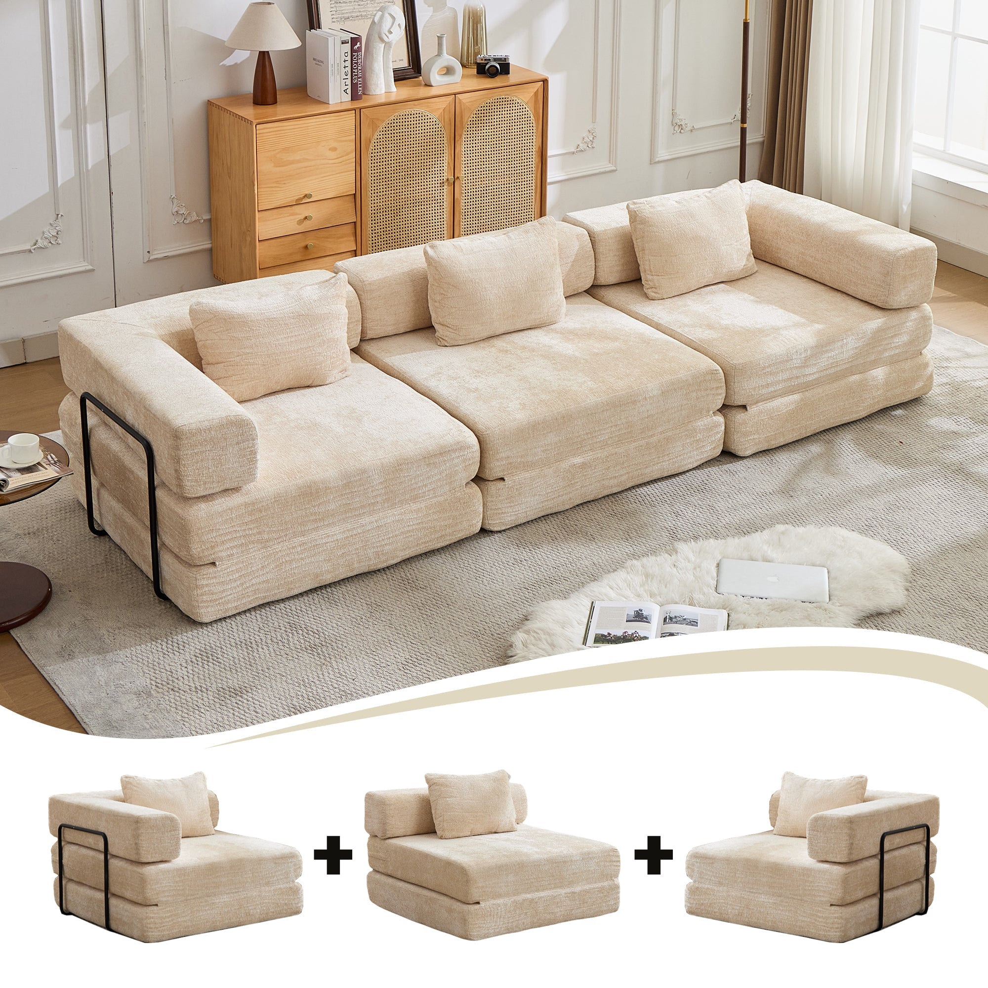 Compression Sofa,Convertible Floor Sofa Bed with Fixed-Shape Frame, Boneless Modular Sectional Sofa,No Assembly Required,Chenille fabric,for Living Room Bedroom,Beige