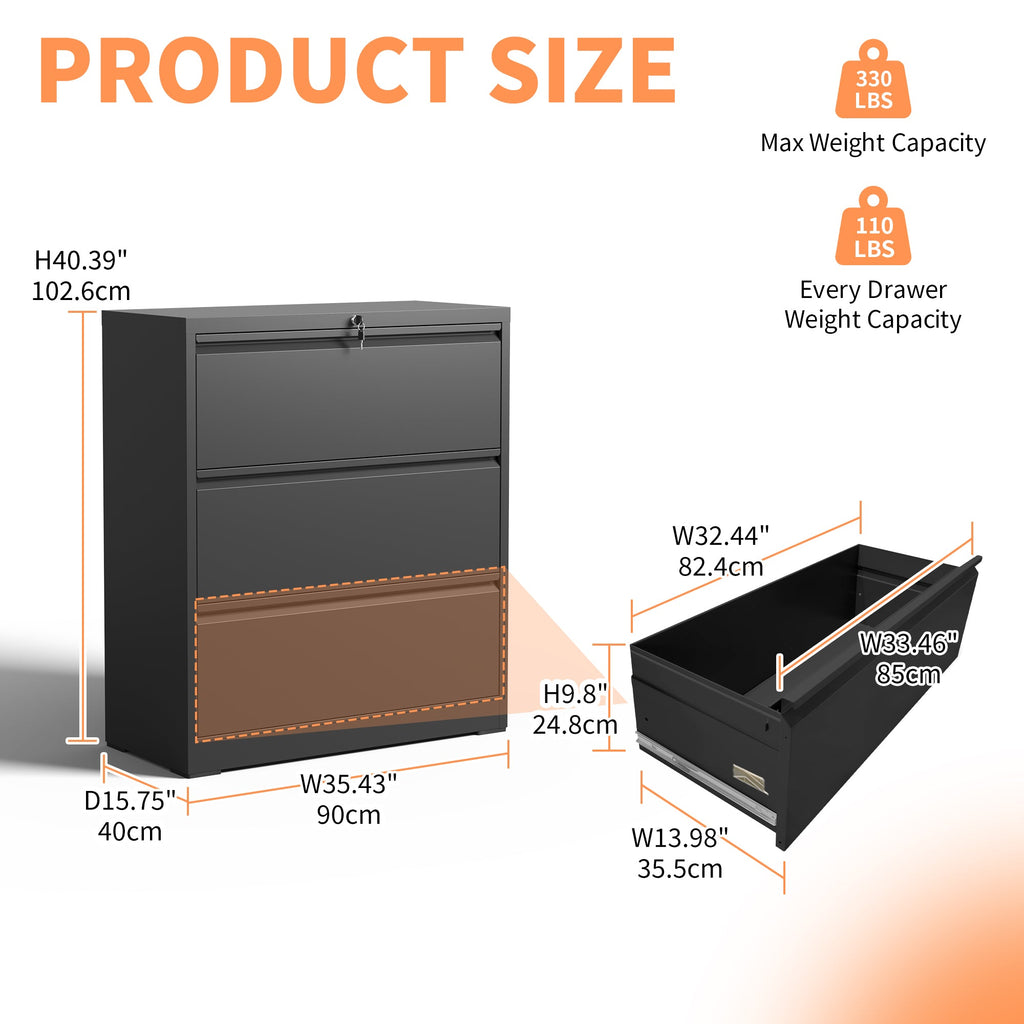3 Drawer Lateral File Cabinet with Lock – Heavy-Duty Metal Filing Cabinet for Home Office, Wide Storage for Letter/Legal/A4/F4, Silent Full-Extension Slides, Anti-Tilt Safety