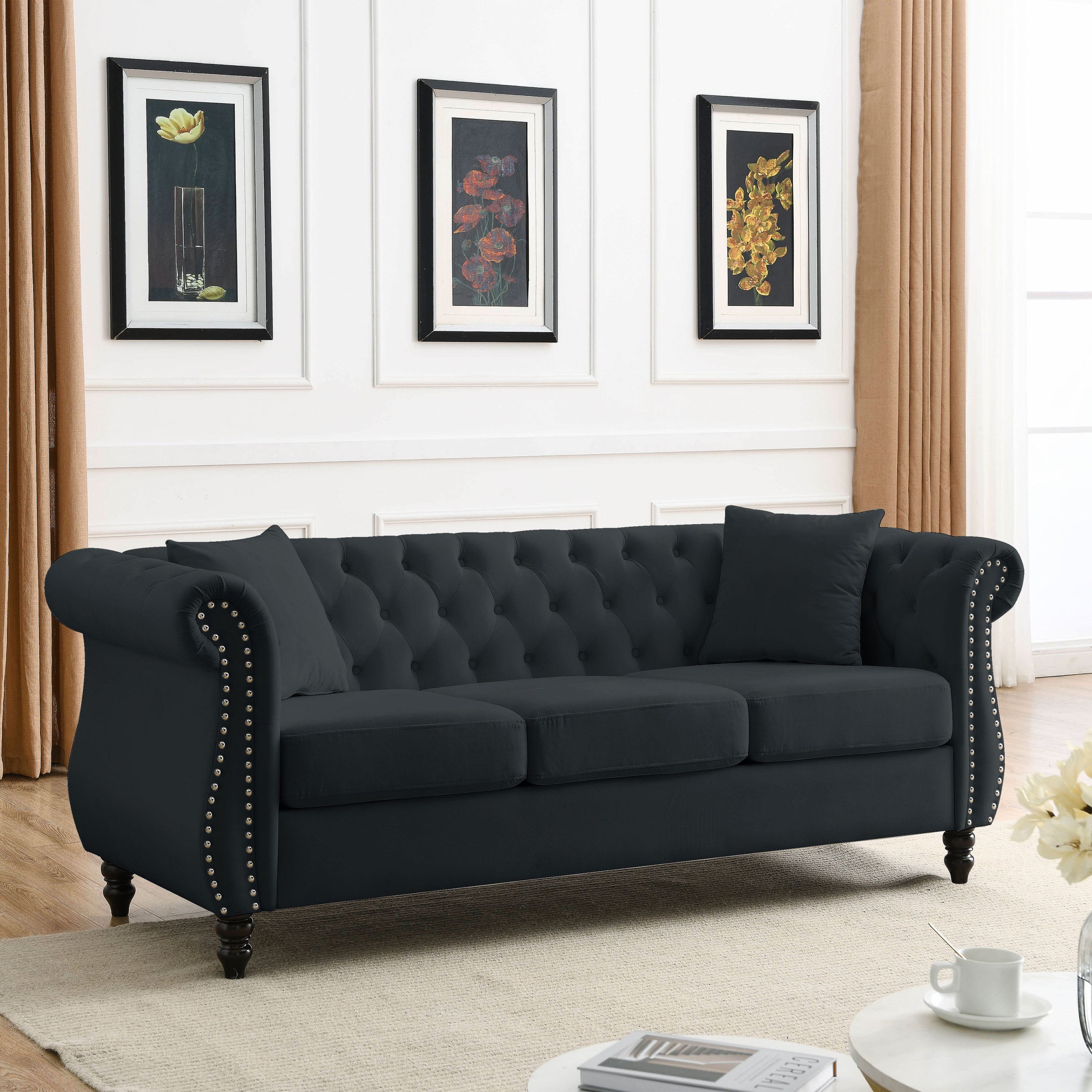 [Video] 80' Chesterfield Sofa Black Velvet for Living Room, 3 Seater Sofa Tufted Couch with Rolled Arms and Nailhead for Living Room, Bedroom, Office, Apartment, two pillows
