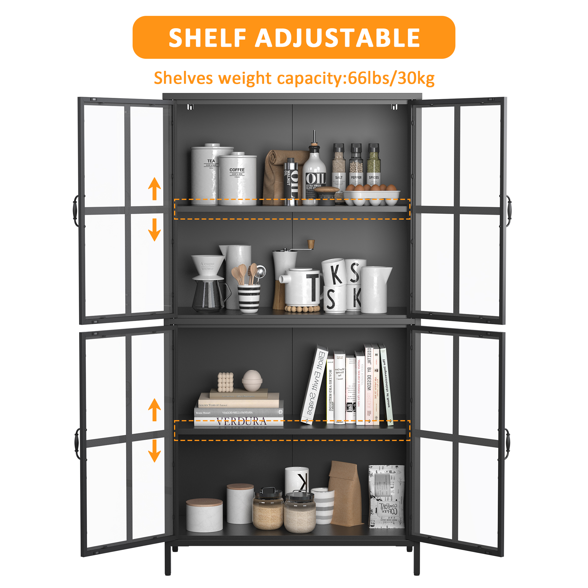 Premium Black Metal Storage Cabinet with Tempered Glass Doors, Adjustable Shelves, and Anti-Tipping Device