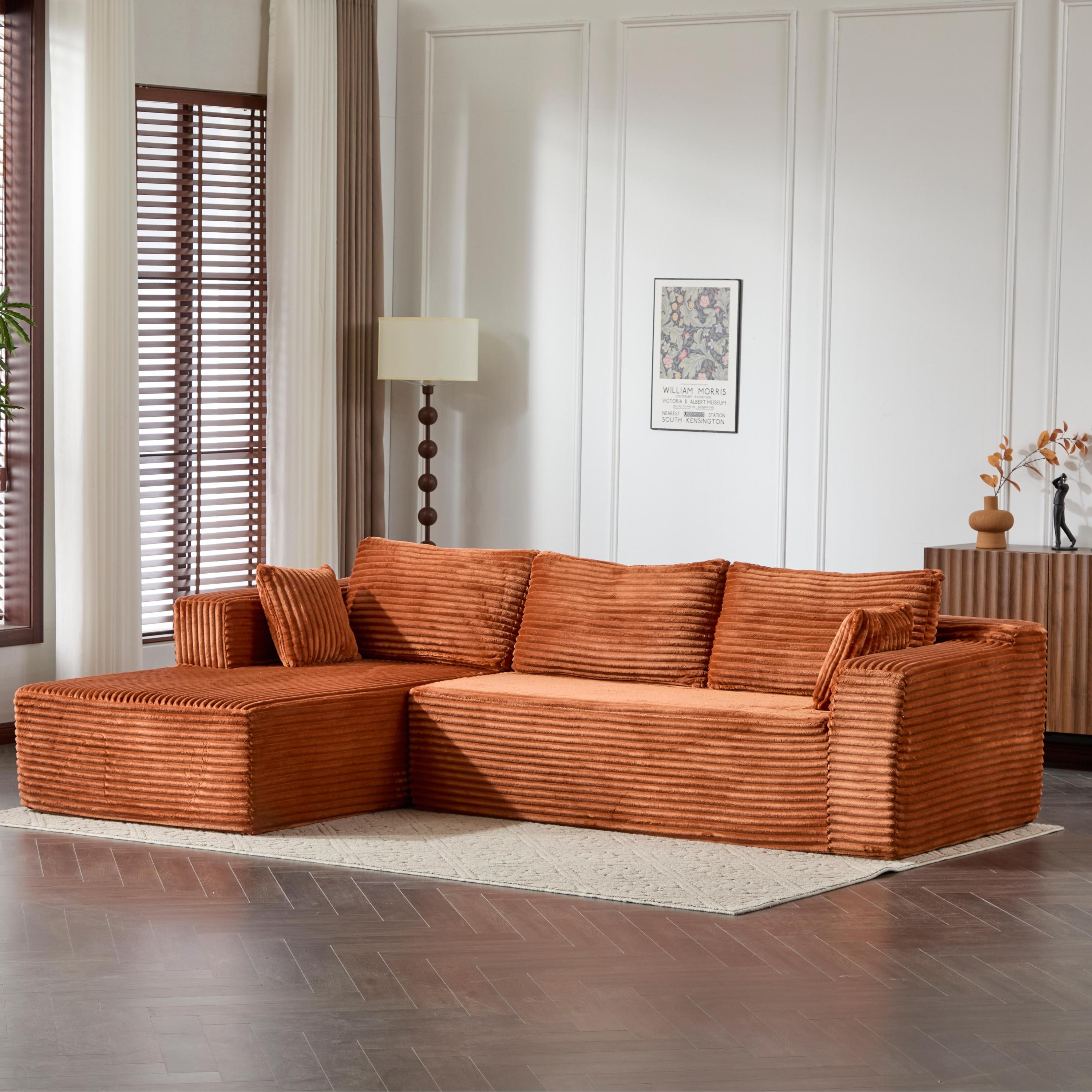 Compression Sectional Couch with Comfy Chaise, Boneless L Shape Sofa with Deep Seat, Minimalist Modular Couches Sleeper for Living Room Bedroom Apartment Lounge,corduroy,Brown