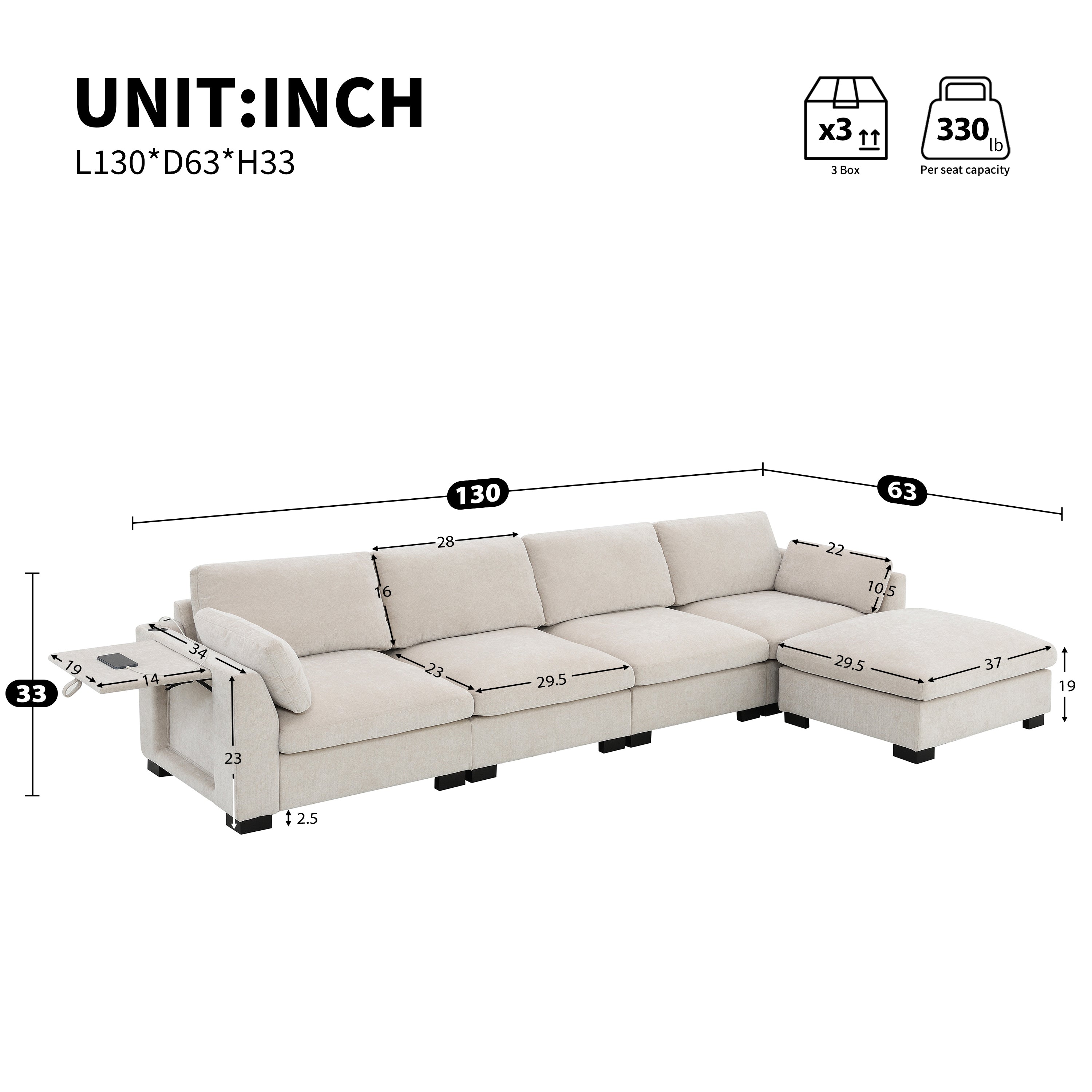 [VIDEO]130' Modular Sectional Sofa, L-Shape with Folding Table and Dual-Port Charging, Side Storage Pockets, 2 Armrest Pillows, Free Movement Ottoman, High Density Foam, Chenille, 5 Seat, 2 Colors