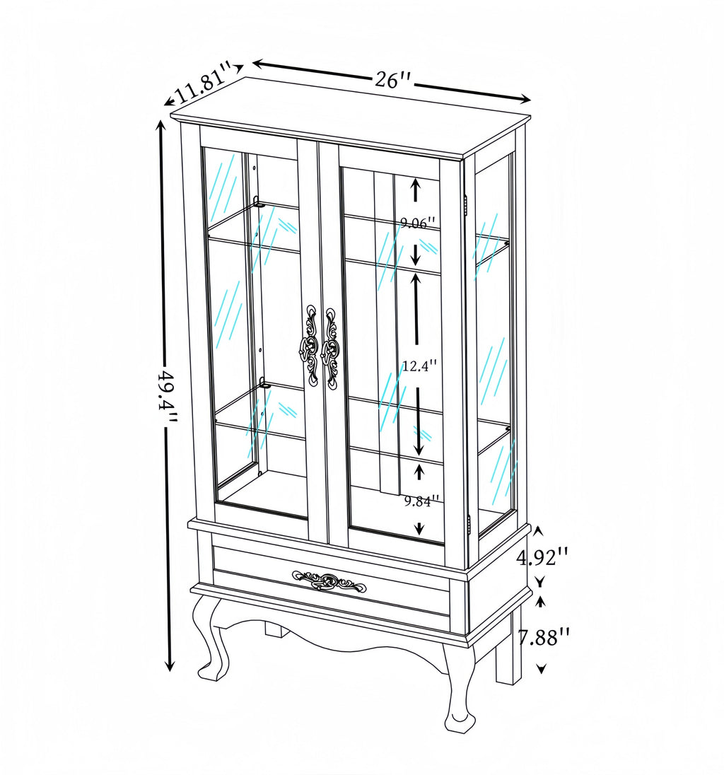 Lighted Glass Display Cabinet Glass Wine Cabinet Curio Display Cabinet with Adjustable Glass Shelves Two Doors and One Drawer Bulb Included for Home Decor and Storage-CHERRY