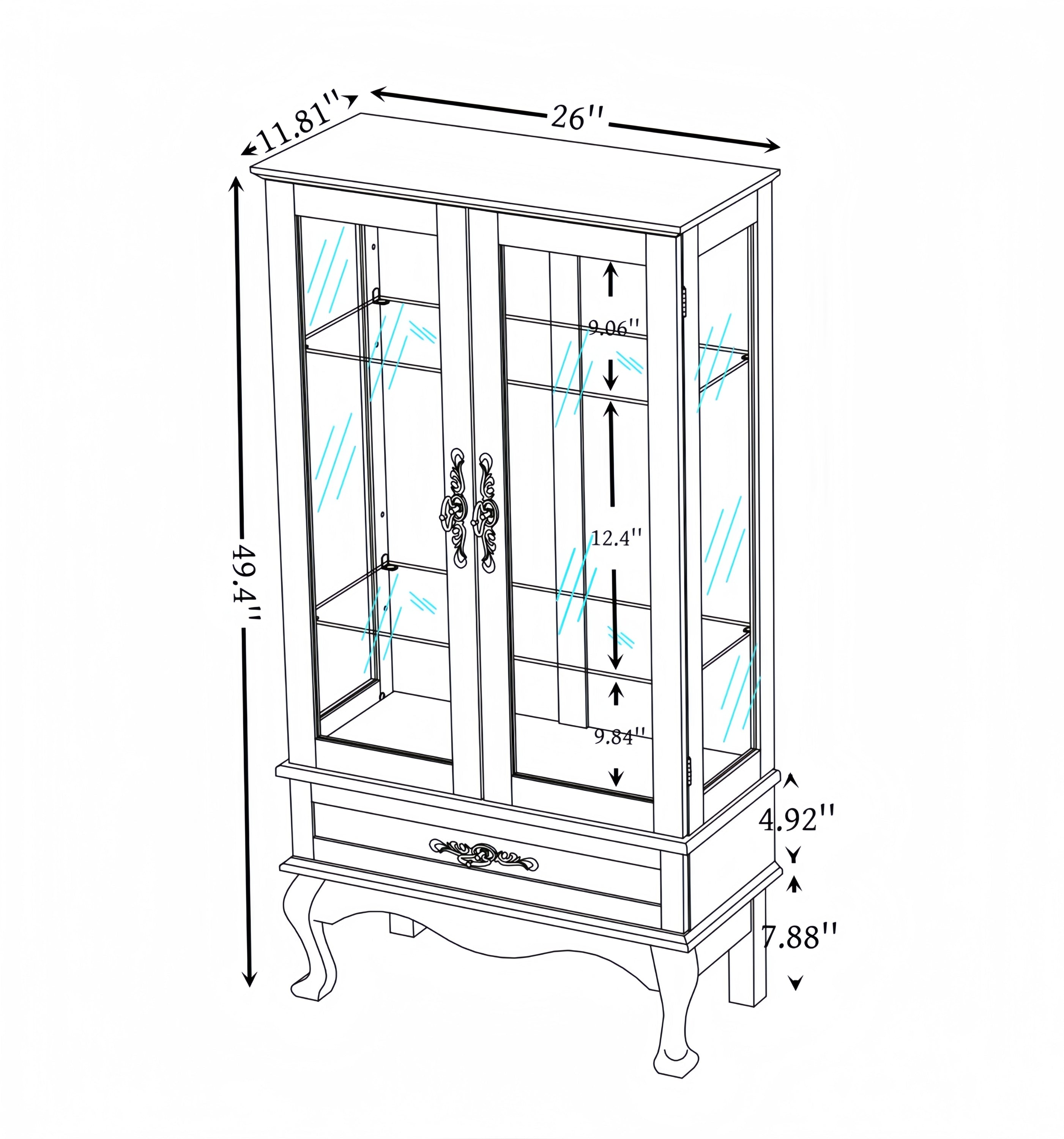 Lighted Glass Display Cabinet Glass Wine Cabinet Curio Display Cabinet with Adjustable Glass Shelves Two Doors and One Drawer Bulb Included for Home Decor and Storage-CHERRY