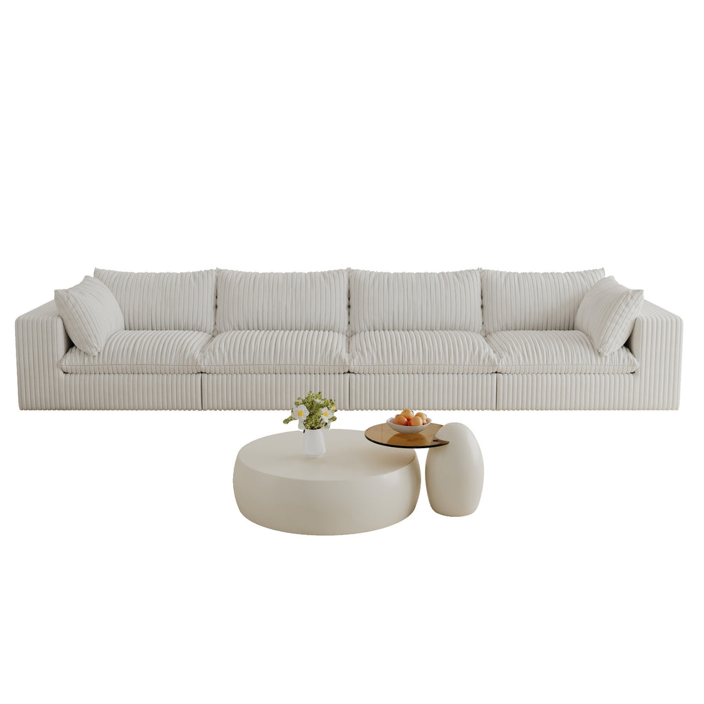 157.6'Cloud Sofa,Corduroy Fabric,Deep Seat Couches,Double-layer design,Removable  Cushion,No Assembly,DIY Combination for Living room, Bedroom,Conference room ,Apartment,White