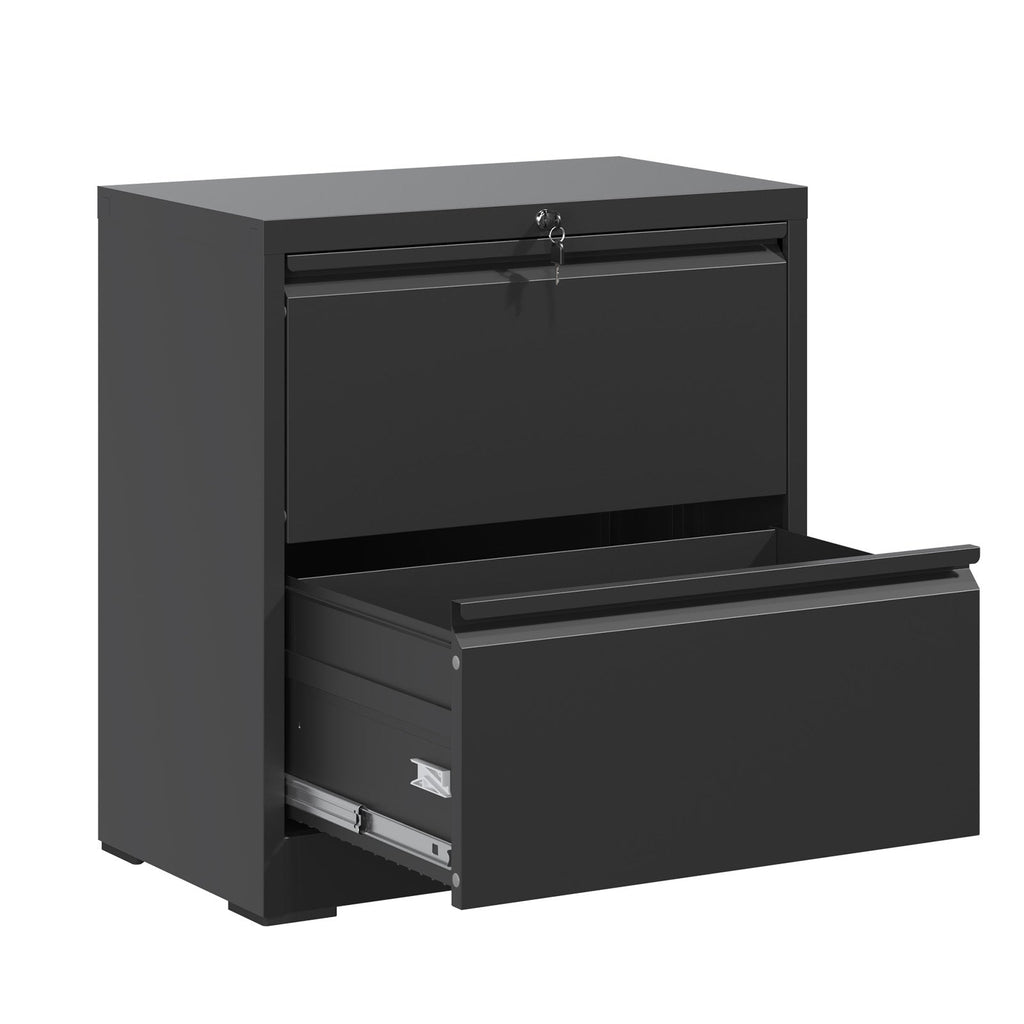 Premium 2 Drawer Metal Lateral File Cabinet with Lock, Black Steel Wide Horizontal Filing Cabinets for Home Office