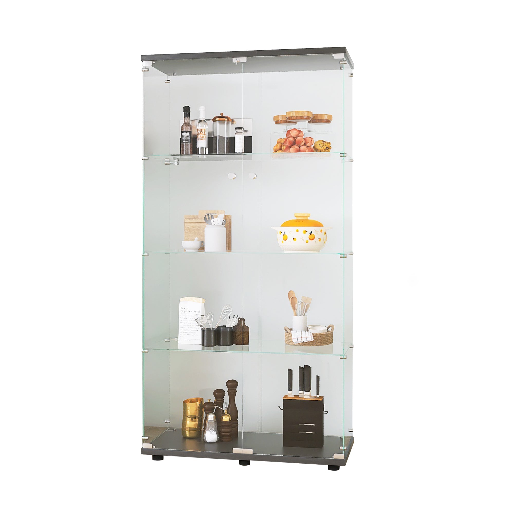 Two-door Glass Display Cabinet 4 Shelves with Door, Floor Standing Curio Bookshelf for Living Room Bedroom Office,  64.7'*31.7'*14.3',Black