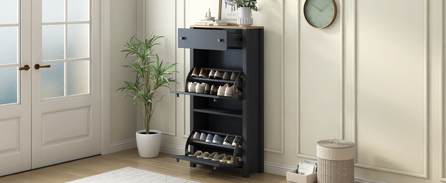 ON-TREND Functional Entryway Organizer with 2 Flip Drawers, Wood Grain Pattern Top Shoe Cabinet with Drawer, Free Standing Shoe Rack with Adjustable Panel for Hallway, Black