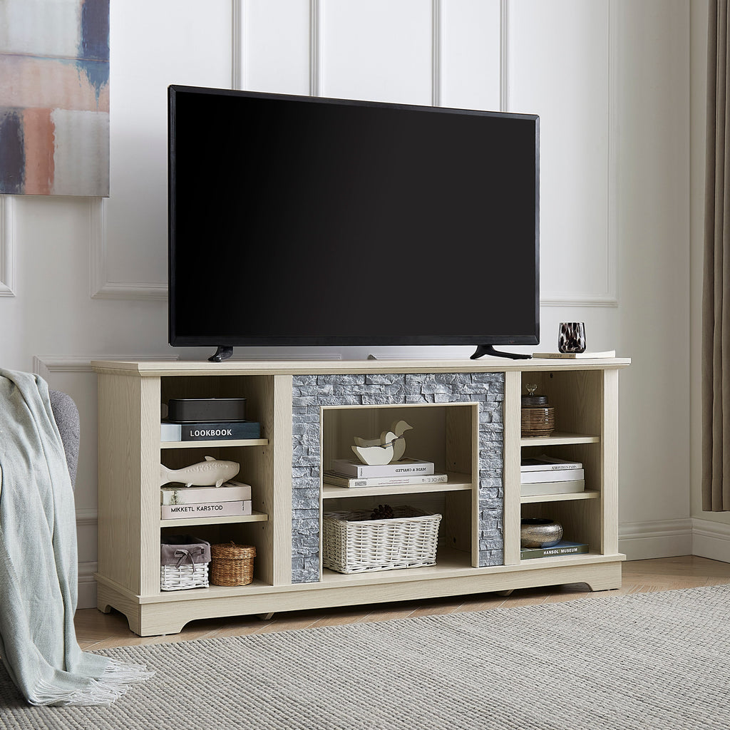 Mantel Stone TV Media Stand with with Faux Stacked Stone Surround, Modern Entertainment Console with Open Storage Space,WHITE, 58.31'W*15.39'D*26.06'H