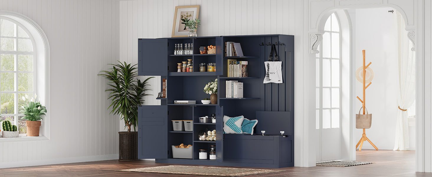 Multifunctional left-right combination hall cabinet (can be used separately) with storage and 4 hooks, storage cabinet/ hall tree 2 in 1 for living room, kitchen and hallway, antique blue