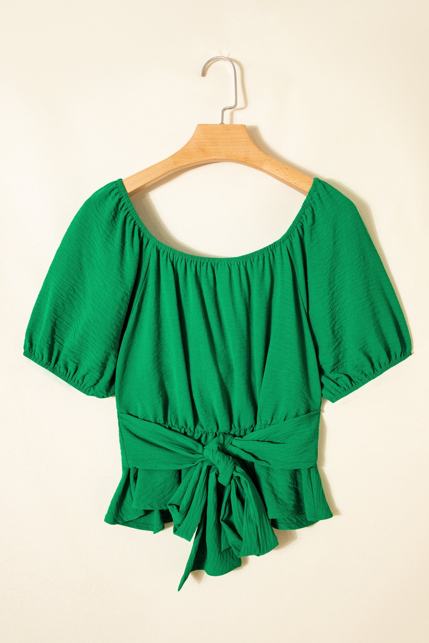Solid Ruched Cross Waist Tied Back Peplum Top