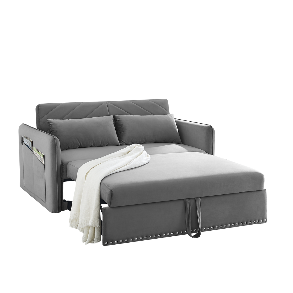 MH' Sleeper Sofa Bed w/USB Port, 3-in-1 adjustable sleeper with pull-out bed, 2 lumbar pillows and side pocket, soft velvet convertible sleeper sofa bed, suitable for living room bedroom