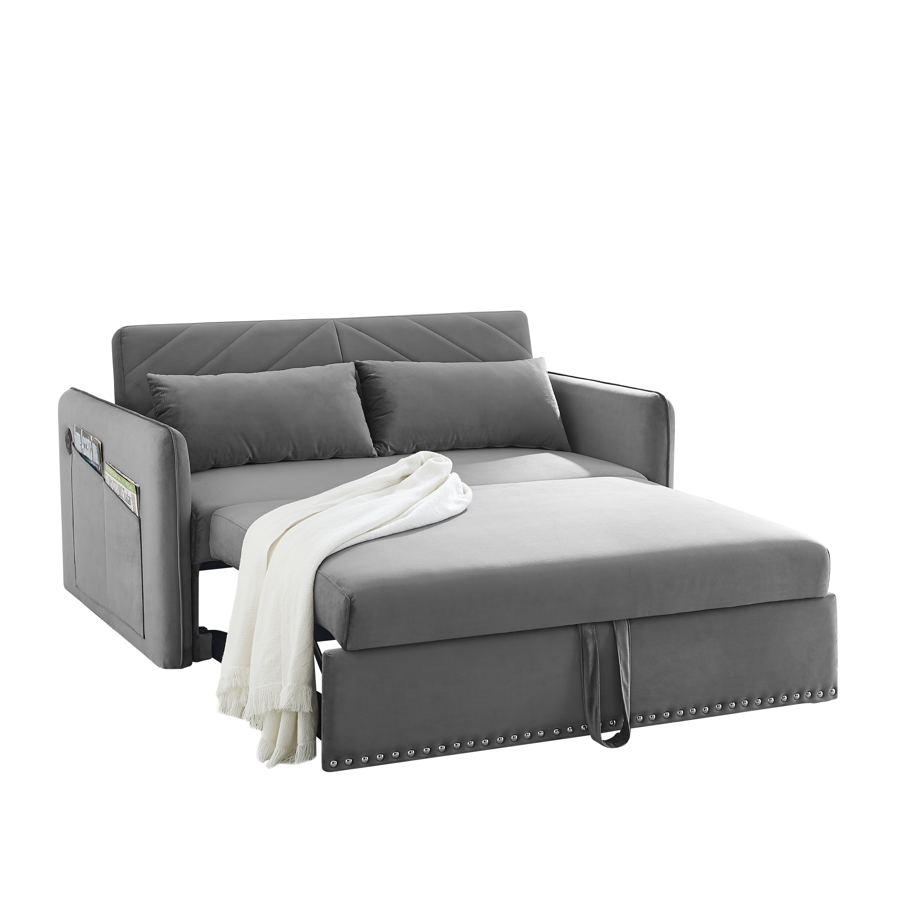 MH' Sleeper Sofa Bed w/USB Port, 3-in-1 adjustable sleeper with pull-out bed, 2 lumbar pillows and side pocket, soft velvet convertible sleeper sofa bed, suitable for living room bedroom