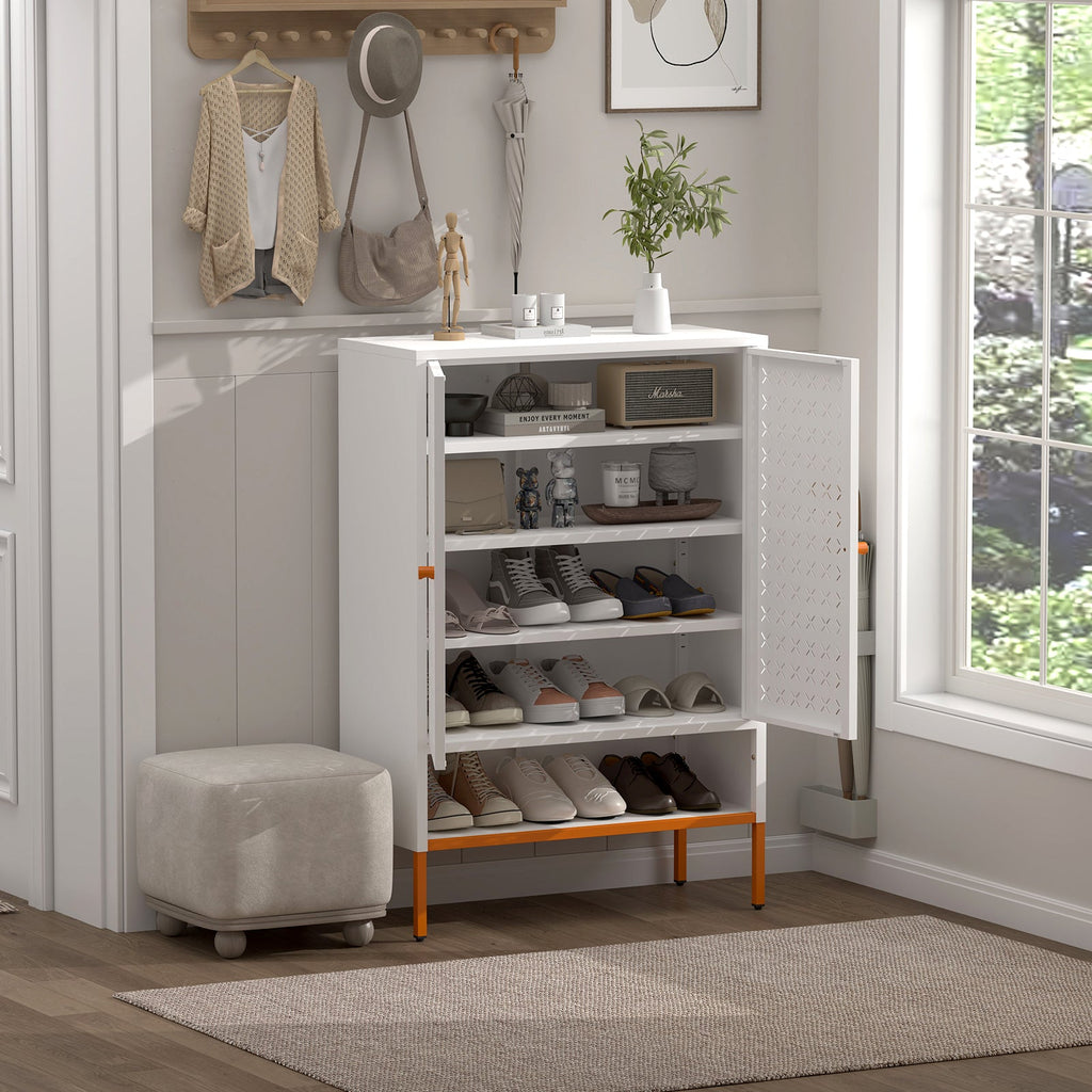 Grid Double Door Shoe Cabinet with Adjustable Compartments and Moisture-Proof Design in White Metal