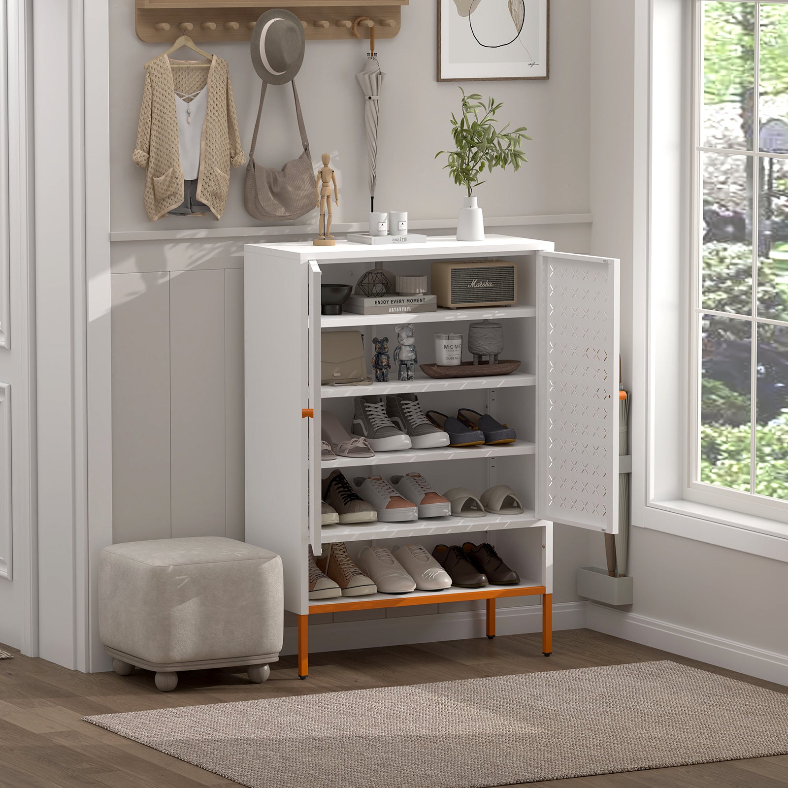 Grid Double Door Shoe Cabinet with Adjustable Compartments and Moisture-Proof Design in White Metal