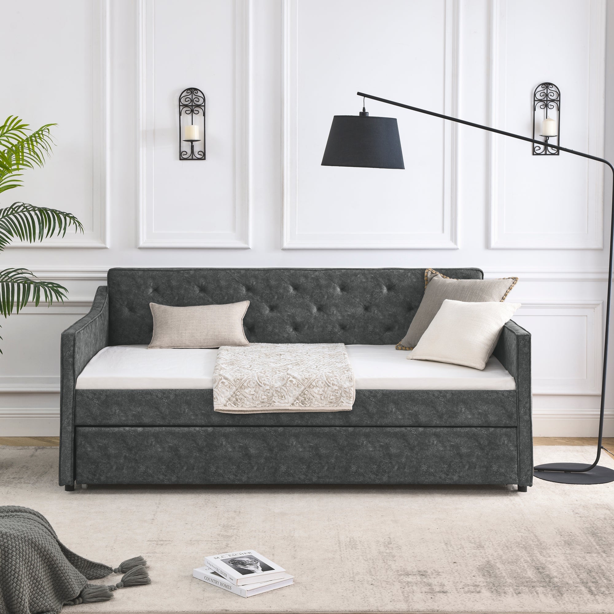 Twin Size Daybed with Twin Size Trundle Upholstered Tufted Sofa Bed,  Waved Shape Arms, Grey (80.5'x44.5'x33.5')