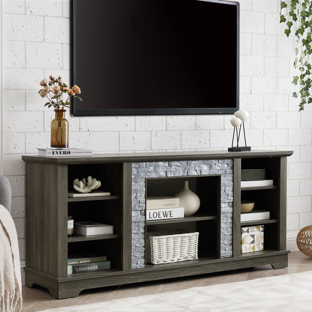 Mantel Stone TV Media Stand with with Faux Stacked Stone Surround, Modern Entertainment Console with Open Storage Space,Grey, 58.31'W*15.39'D*26.06'H