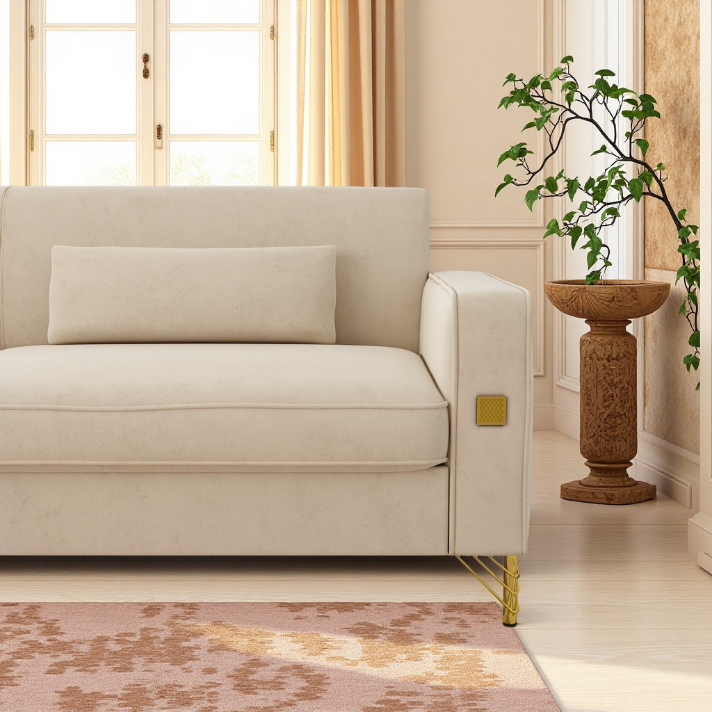 FX-P18-BE(SOFA)Modern Beige Sofa Couch for Living Room, 85.83' Upholstered 3-Seater Sofa with Metal Legs & Pillows, Minimalist Style