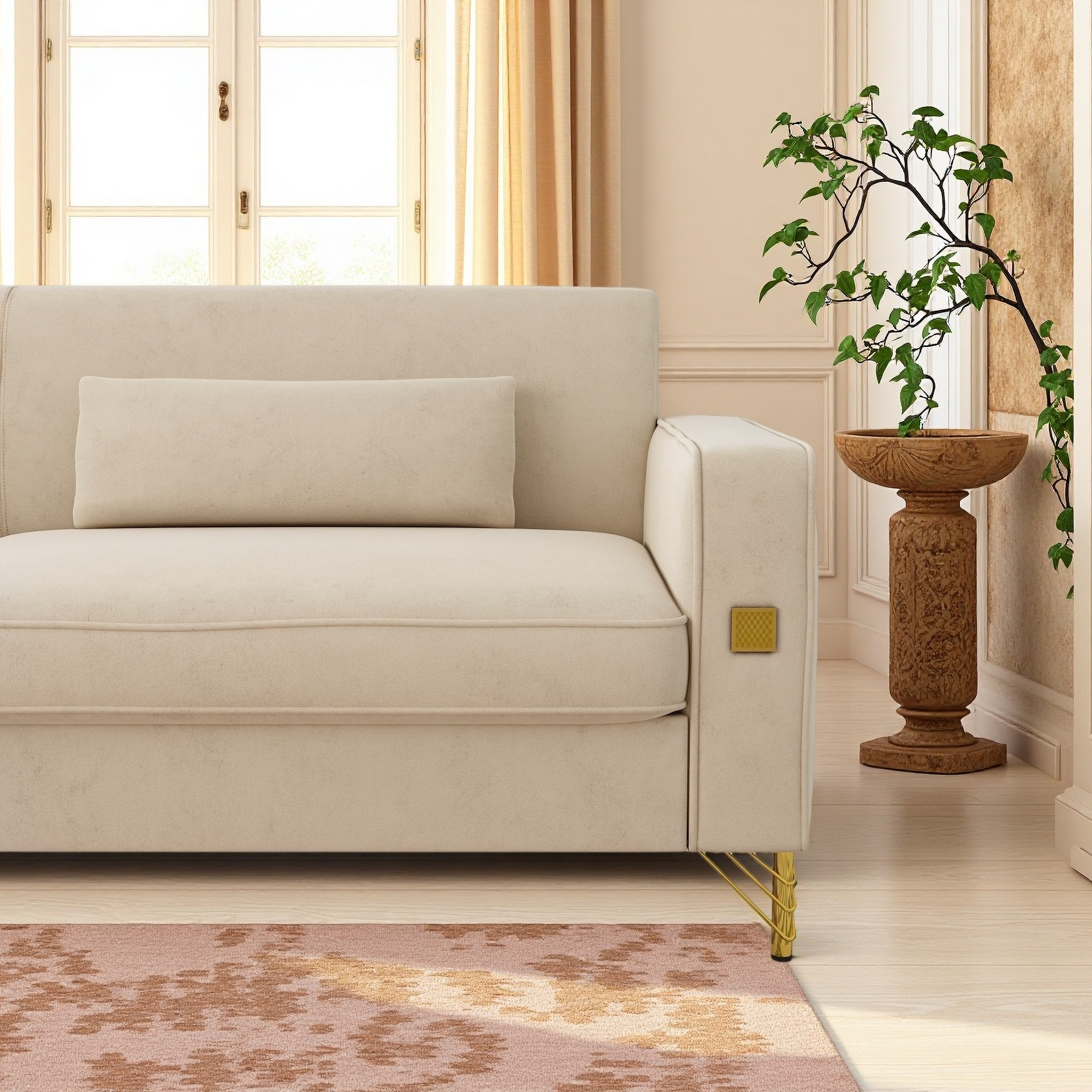 FX-P18-BE(SOFA)Modern Beige Sofa Couch for Living Room, 85.83' Upholstered 3-Seater Sofa with Metal Legs & Pillows, Minimalist Style