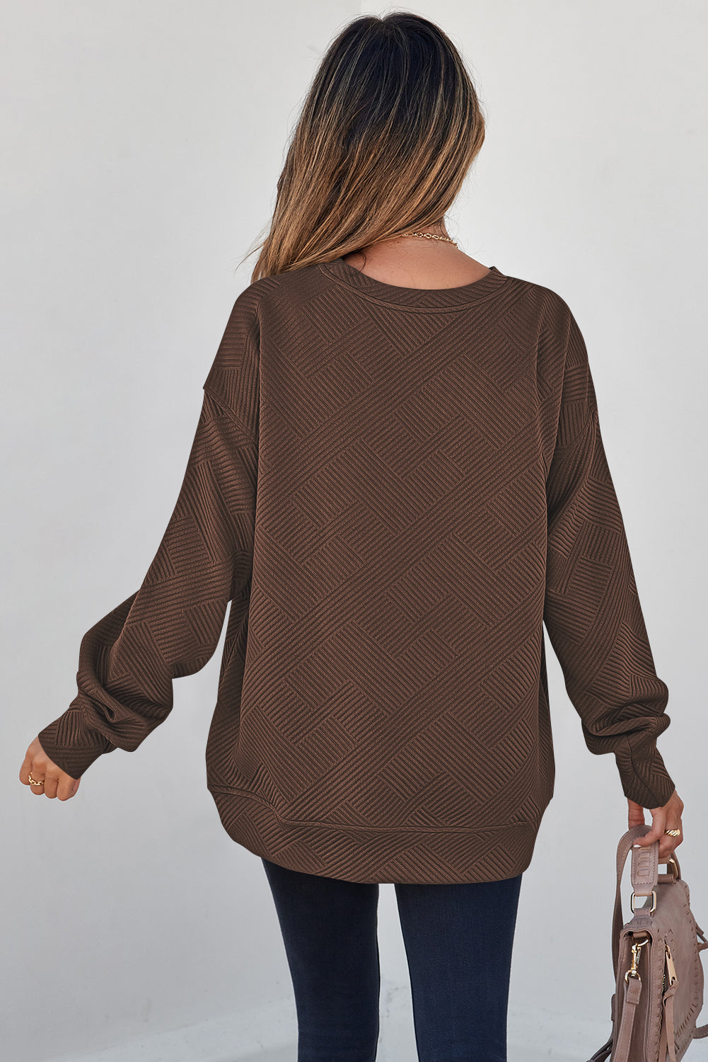 Solid Textured Round Neck Drop Shoulder Sweatshirt
