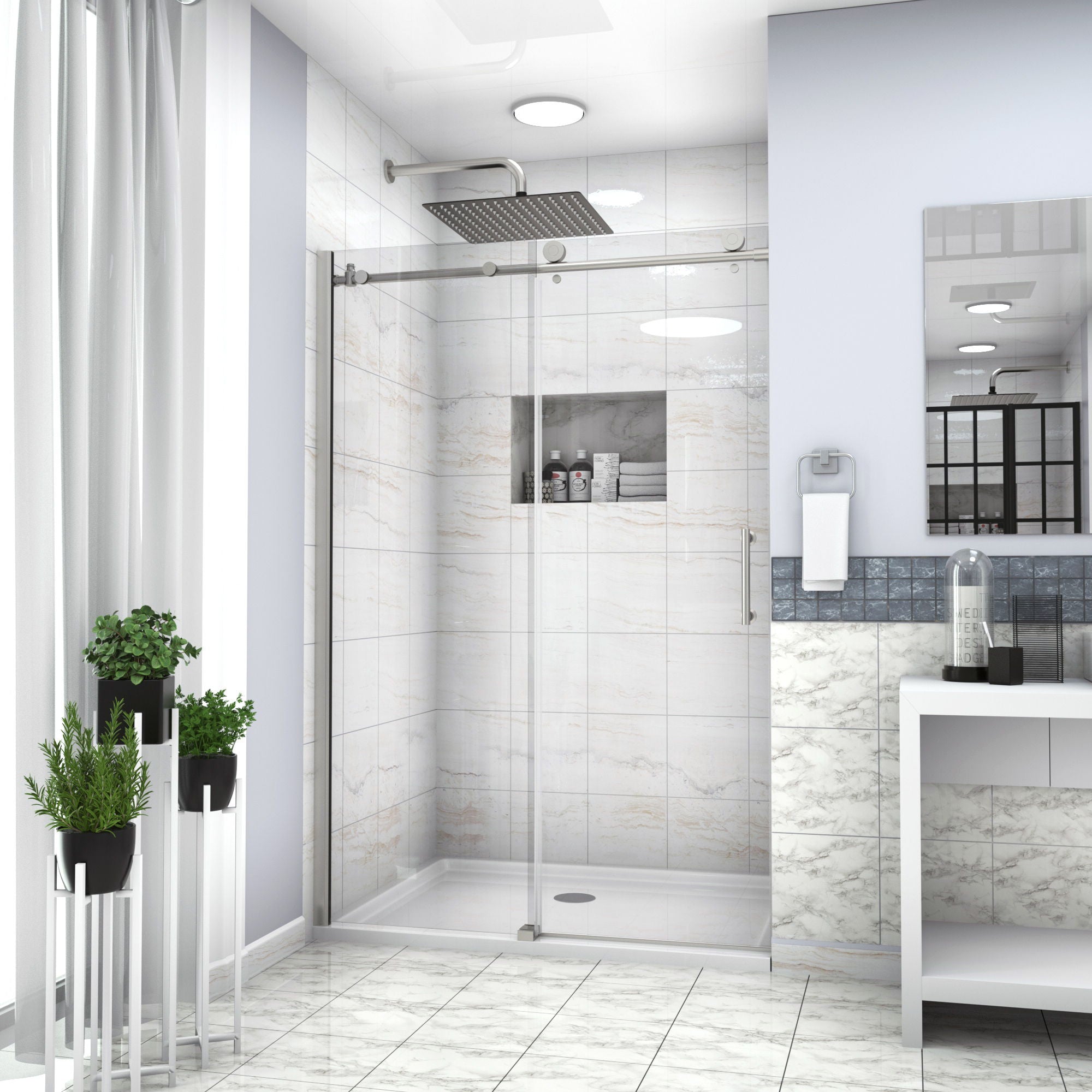Single Sliding Bypass Shower Door Enclosure With Tempered Glass
