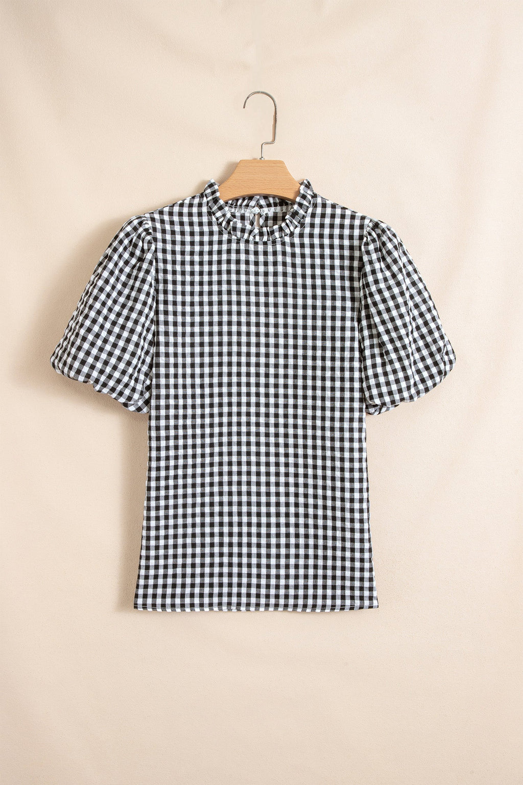 Gingham Plaid Puff Sleeve Frilled Neck Blouse