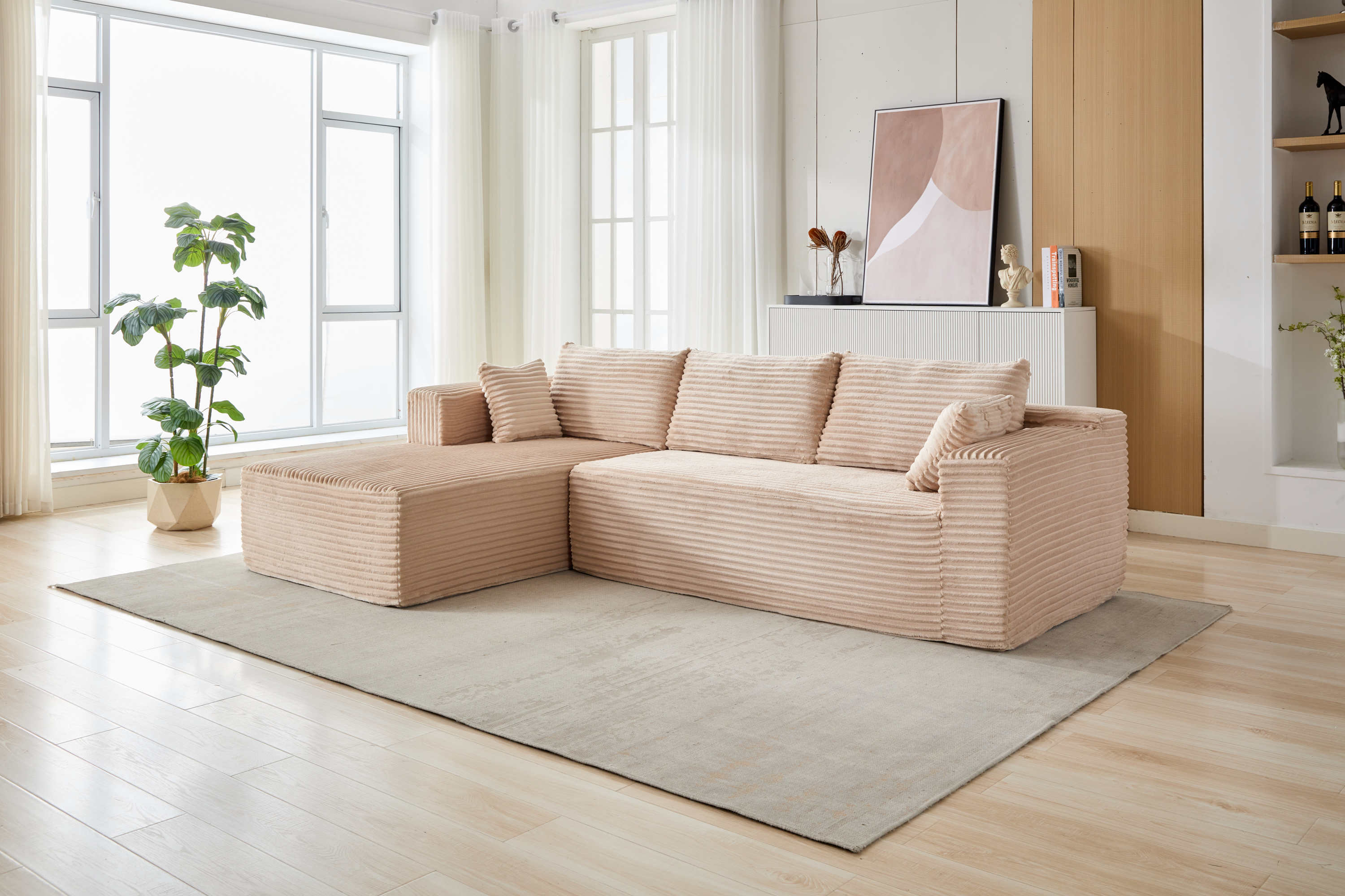 Compression Sectional Couch with Comfy Chaise, Boneless L Shape Sofa with Deep Seat, Minimalist Modular Couches Sleeper for Living Room Bedroom Apartment Lounge,corduroy,Beige