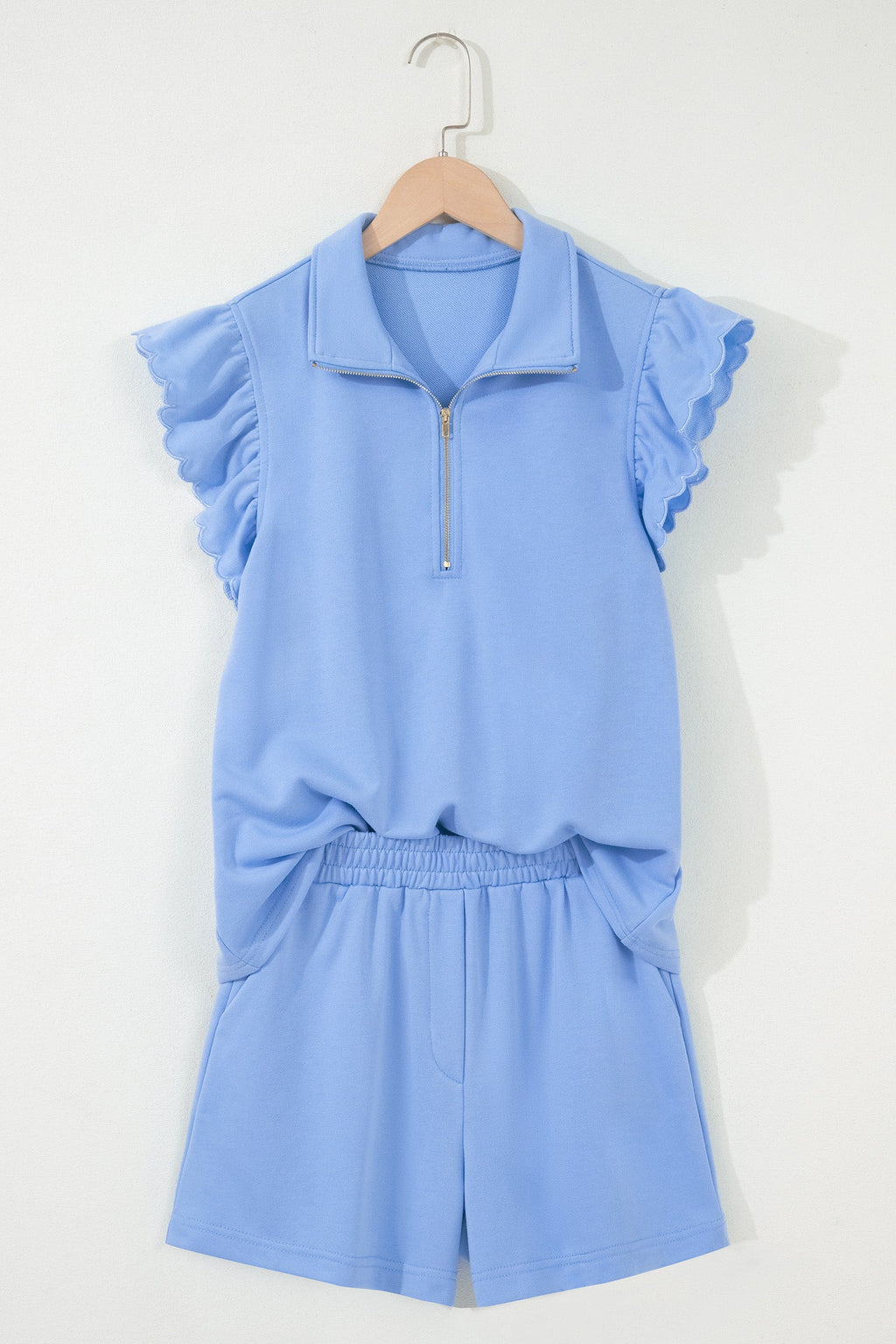 Solid Scalloped Ruffle Half Zip Top & Short Set