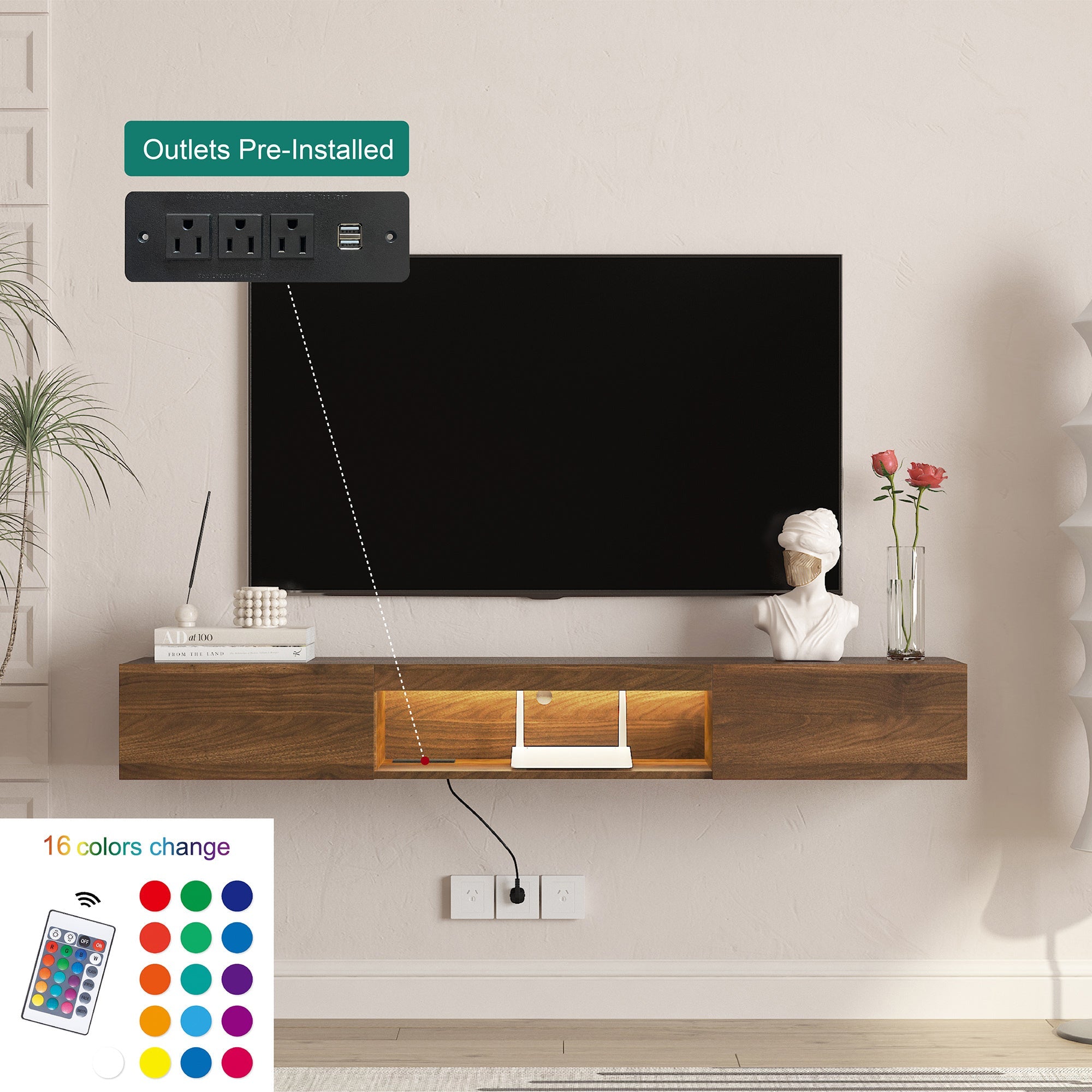 Floating TV Stand Wall Mounted with 16 Color LEDs,63' Modern TV Stand,Floating TV Cabinet Entertainment Center for 55 60 65 Inch TV