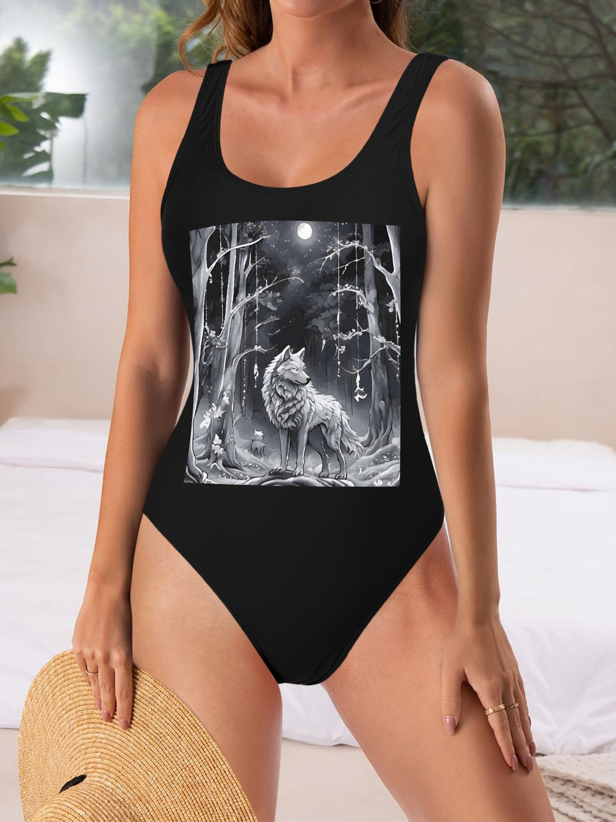 Ethereal Wolf in the Moonlight One-piece Swimsuit Bikini (Front Printing)