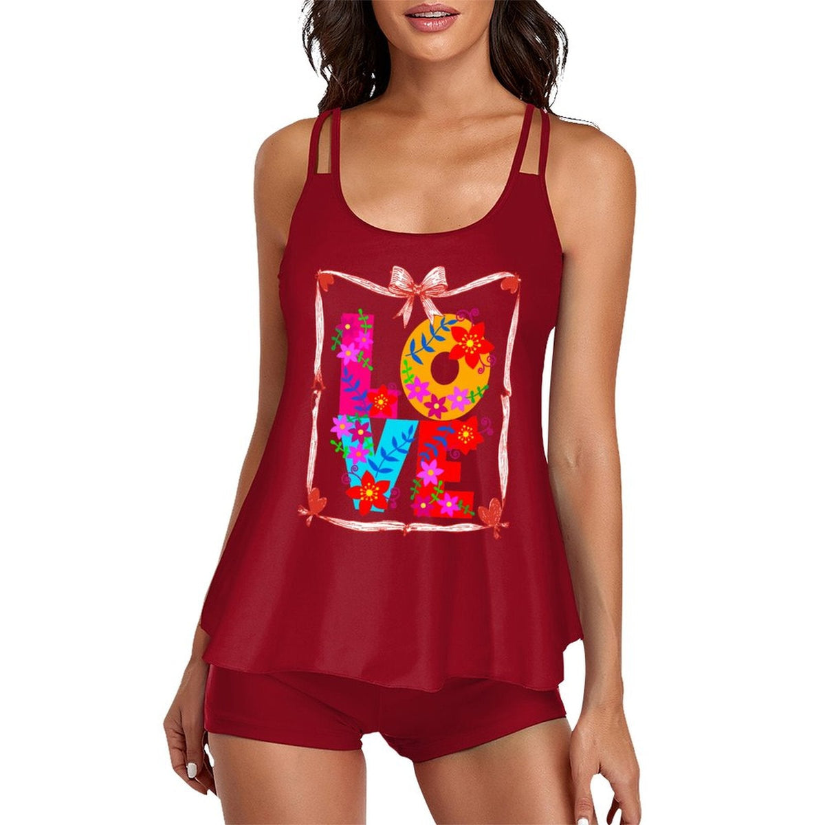 Floral LOVE Tankini Two-Piece Swimsuit for Women (Front Printing)