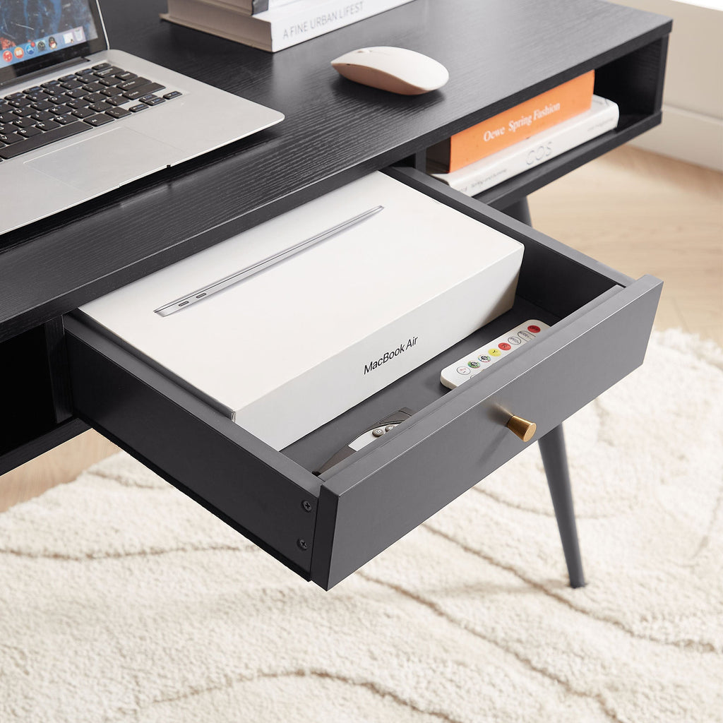 Mid Century Desk with USB Ports and Power Outlet, Modern Writing Study Desk with Drawers, Multifunctional Home Office Computer Desk Black
