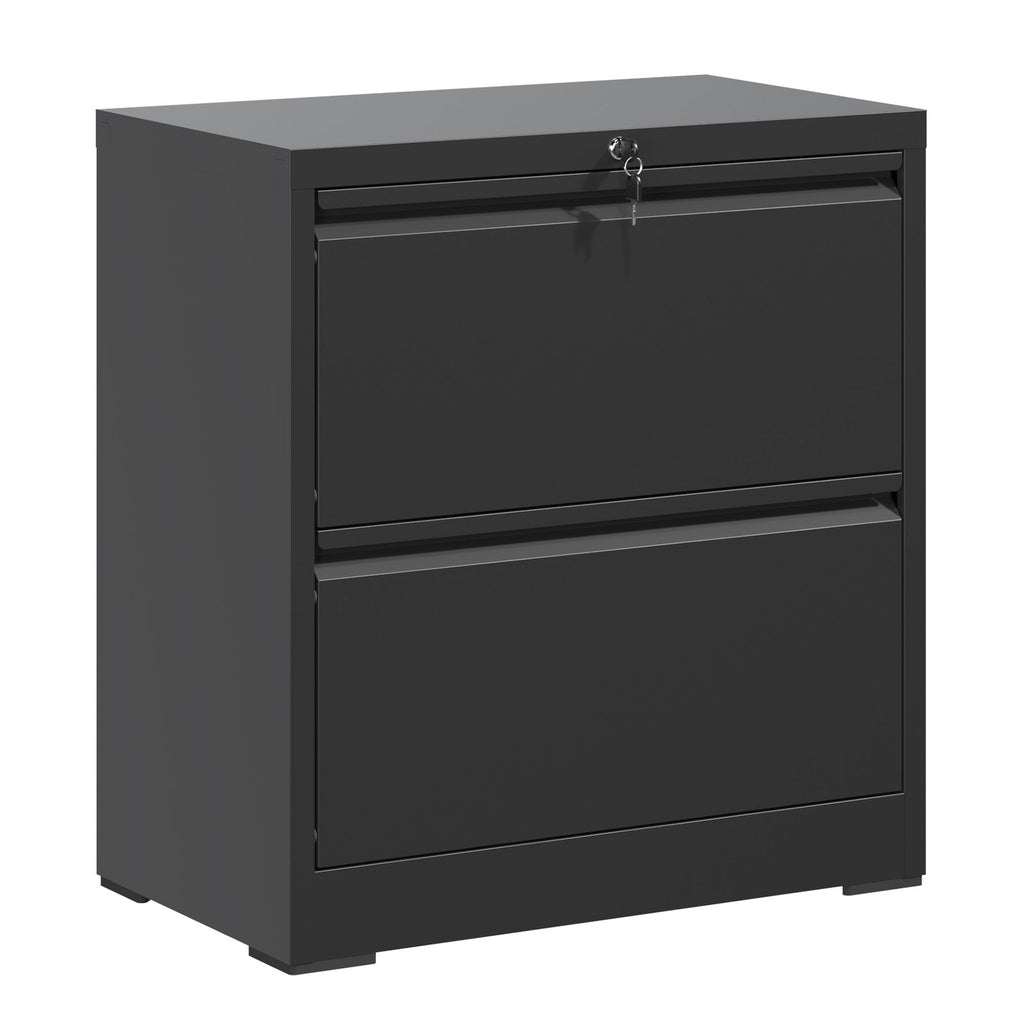 Premium 2 Drawer Metal Lateral File Cabinet with Lock, Black Steel Wide Horizontal Filing Cabinets for Home Office