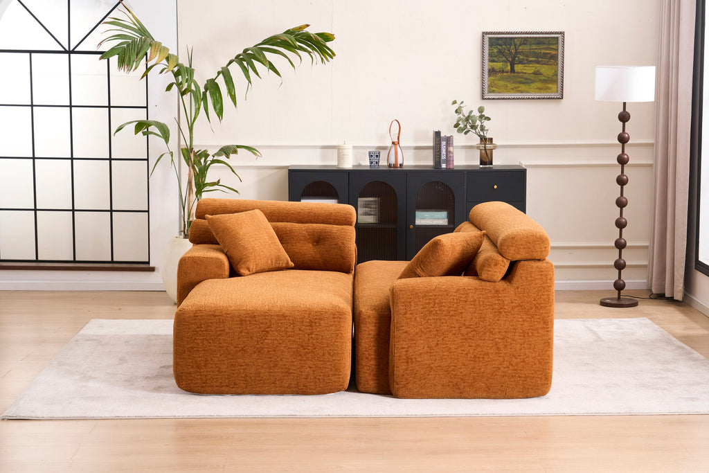 LY-029B Convertible Chaise Sectional Sofa, Full Compression Sponge Modular Couch for Apartment Living Room,Orange 3-Seater with Wood Grain Chenille, 2 Pillows Included, 86'L